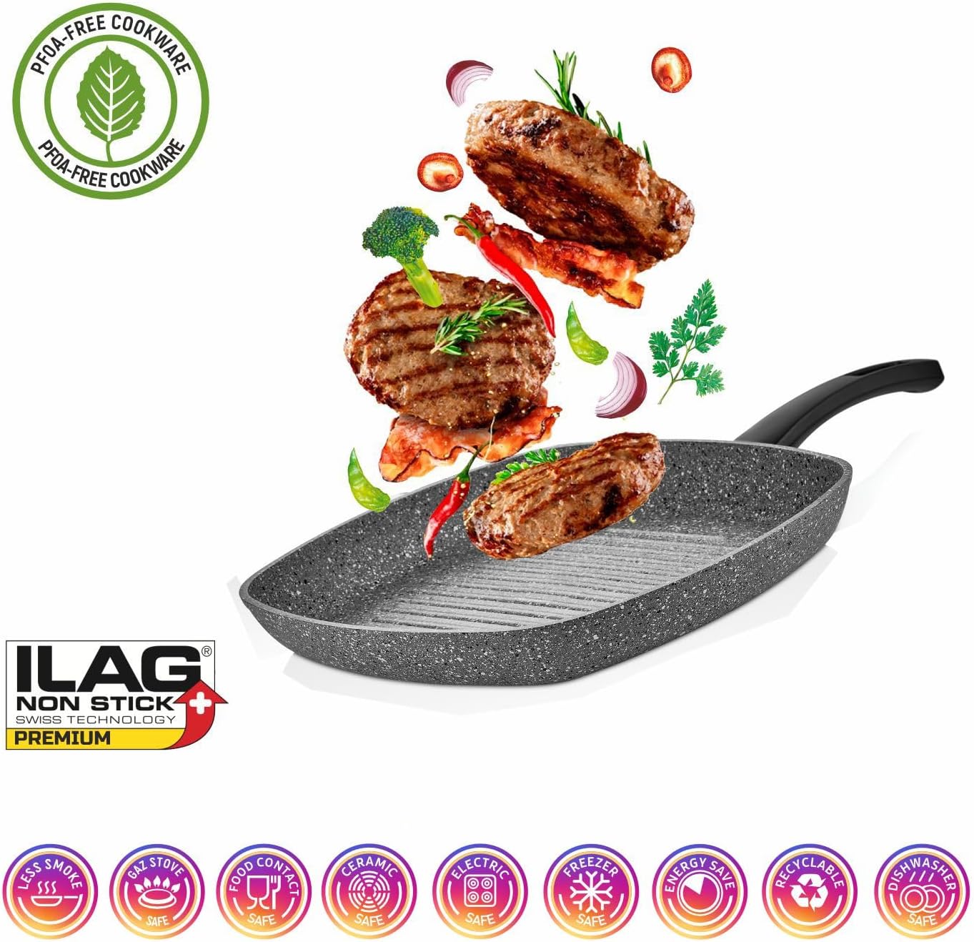 V A V GET Premium Granite 8-PCS Cookware Set, Healthy, Safe, Eco-Friendly, Non-Stick, Durable. Set includes: 26cm Deep and Shallow Casseroles, 18cm Sauce, 26cm Fry and 28cm Grill Pans with Lids.
