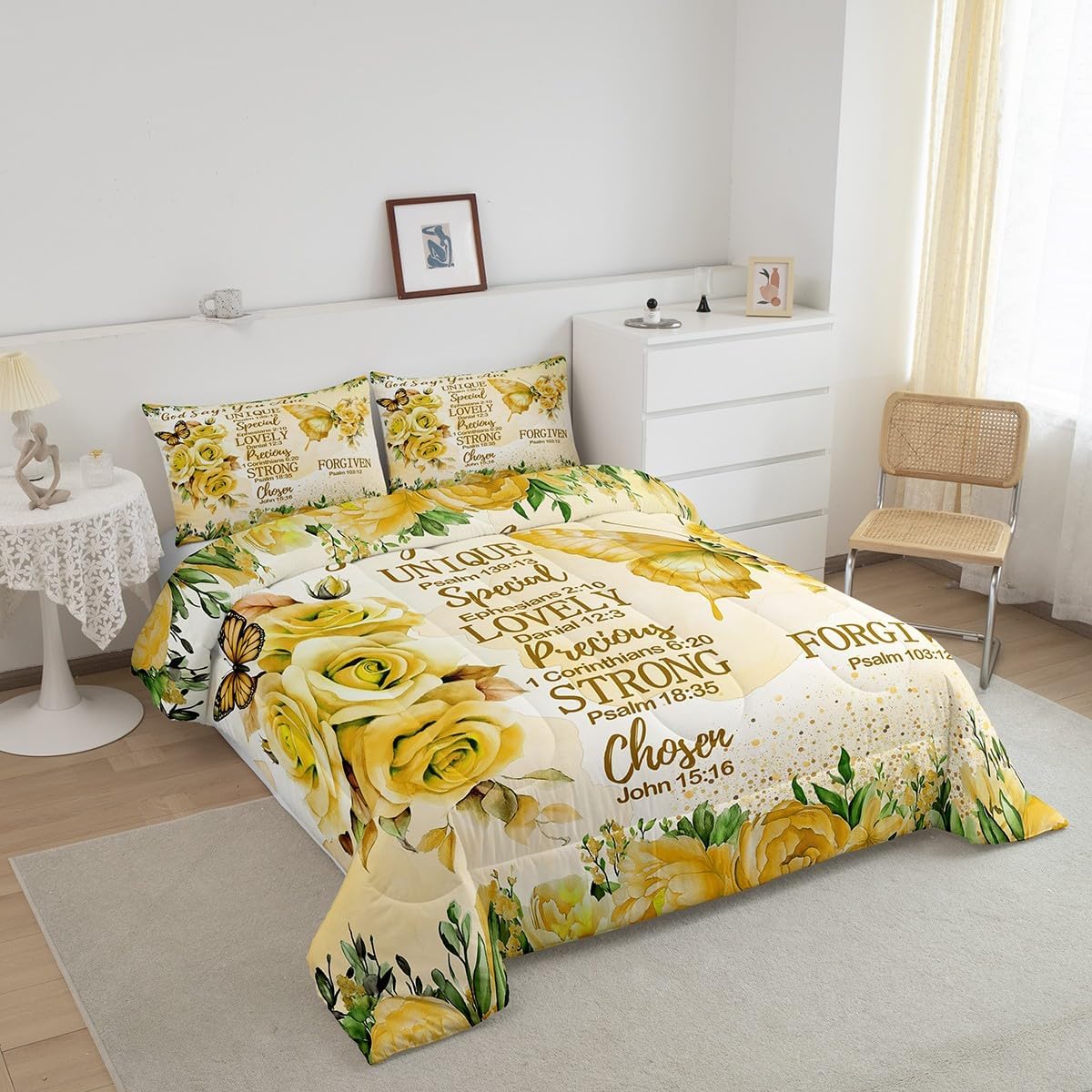 Erosebridal Boho Yellow Butterfly Twin Comforter Set for Girls Inspirational Quotes Bedding Sets for Kids Teens Adults Lemon Yellow Rose Colorful Floral Quilt Bohemian Butterflies Chic Duvet Insert