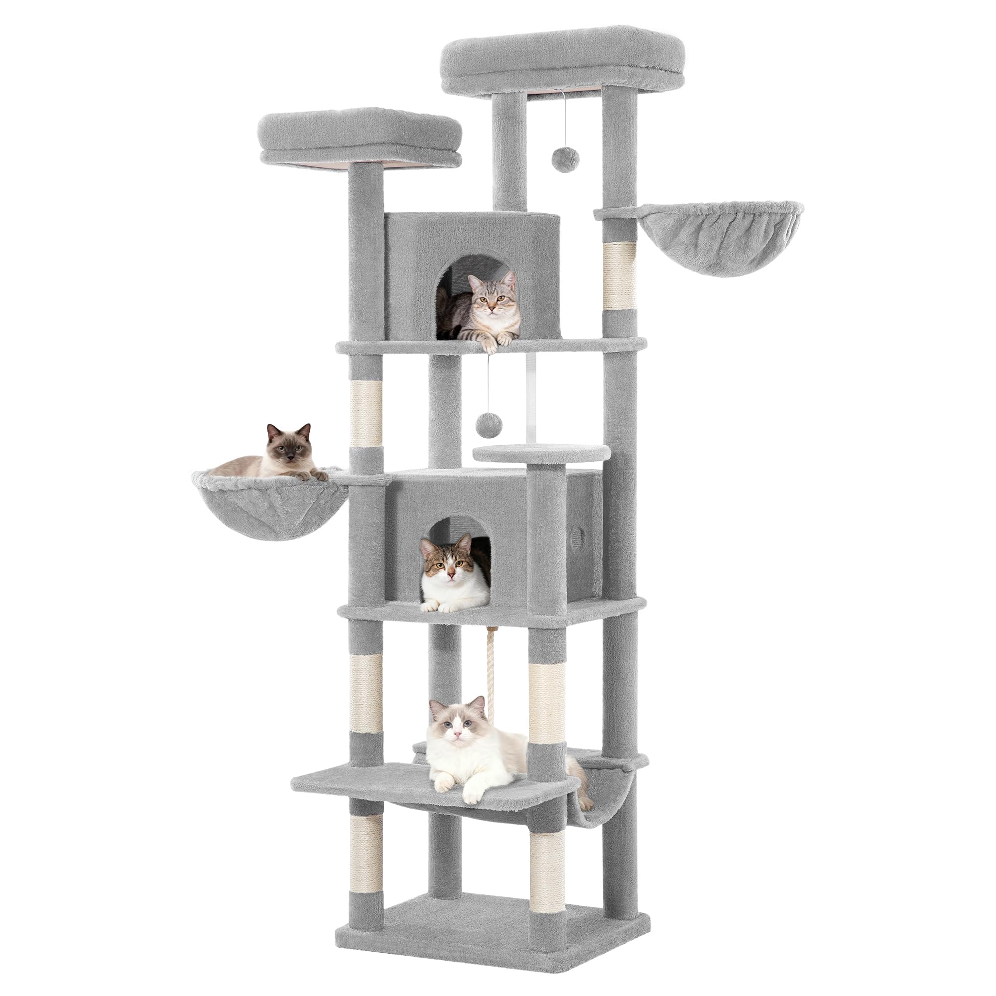 Árbol Rascador para Gatos 175 cm, Torre para Trepar, Gris Claro | Postes Rascadores, 2 Cómodas Casetas, 2 Perchas, 2 Cestas, Hamaca, para Uso en Interiores FPMS006FG1