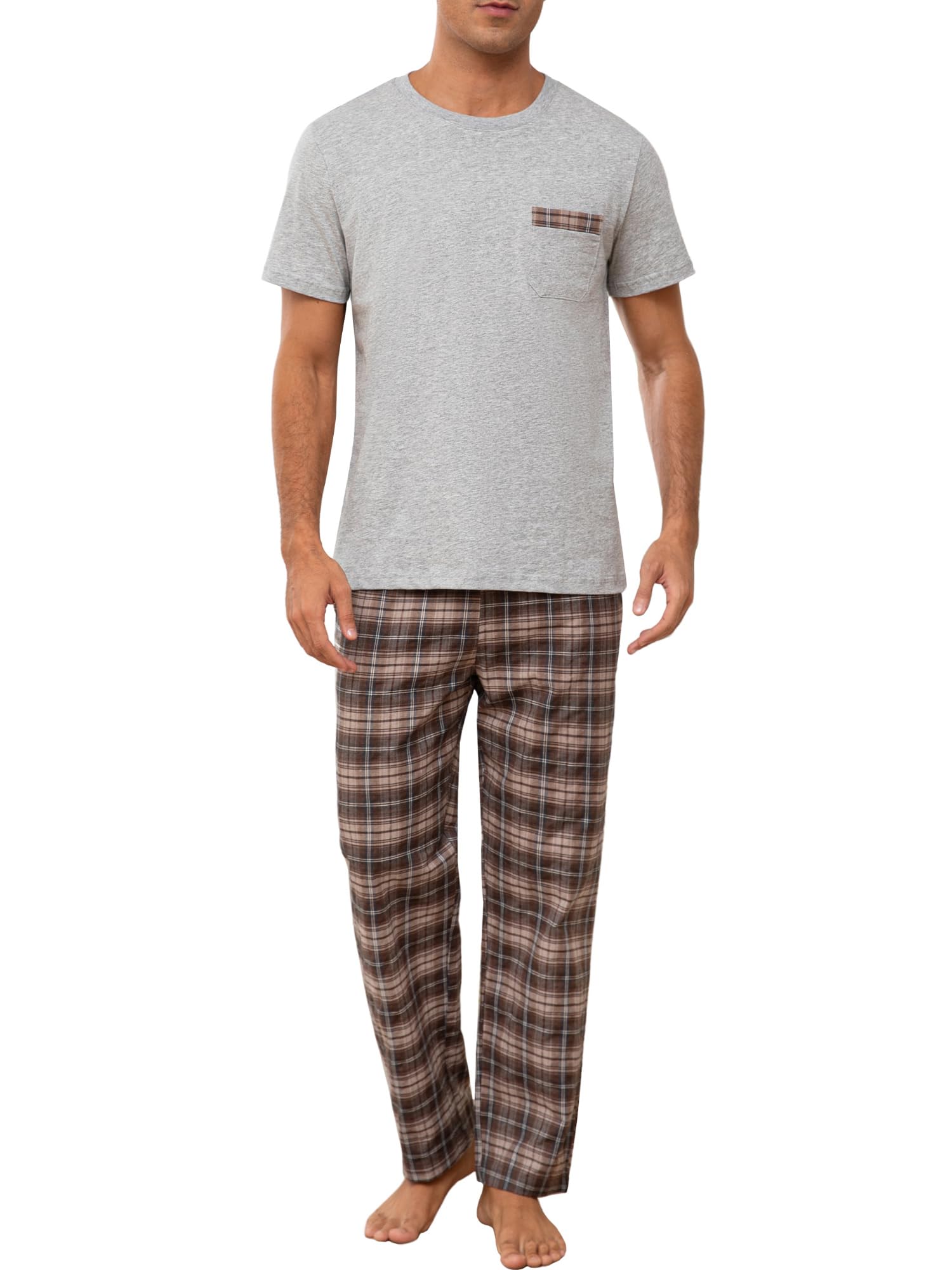 Winovia Schlafanzug Herren Kurzarm mit Langer Karierter Hose, 100% Baumwolle Pyjama Set für Männer, Weiche Nachtwäsche mit Brusttasche, Zweiteiliger Hausanzug & Loungewear