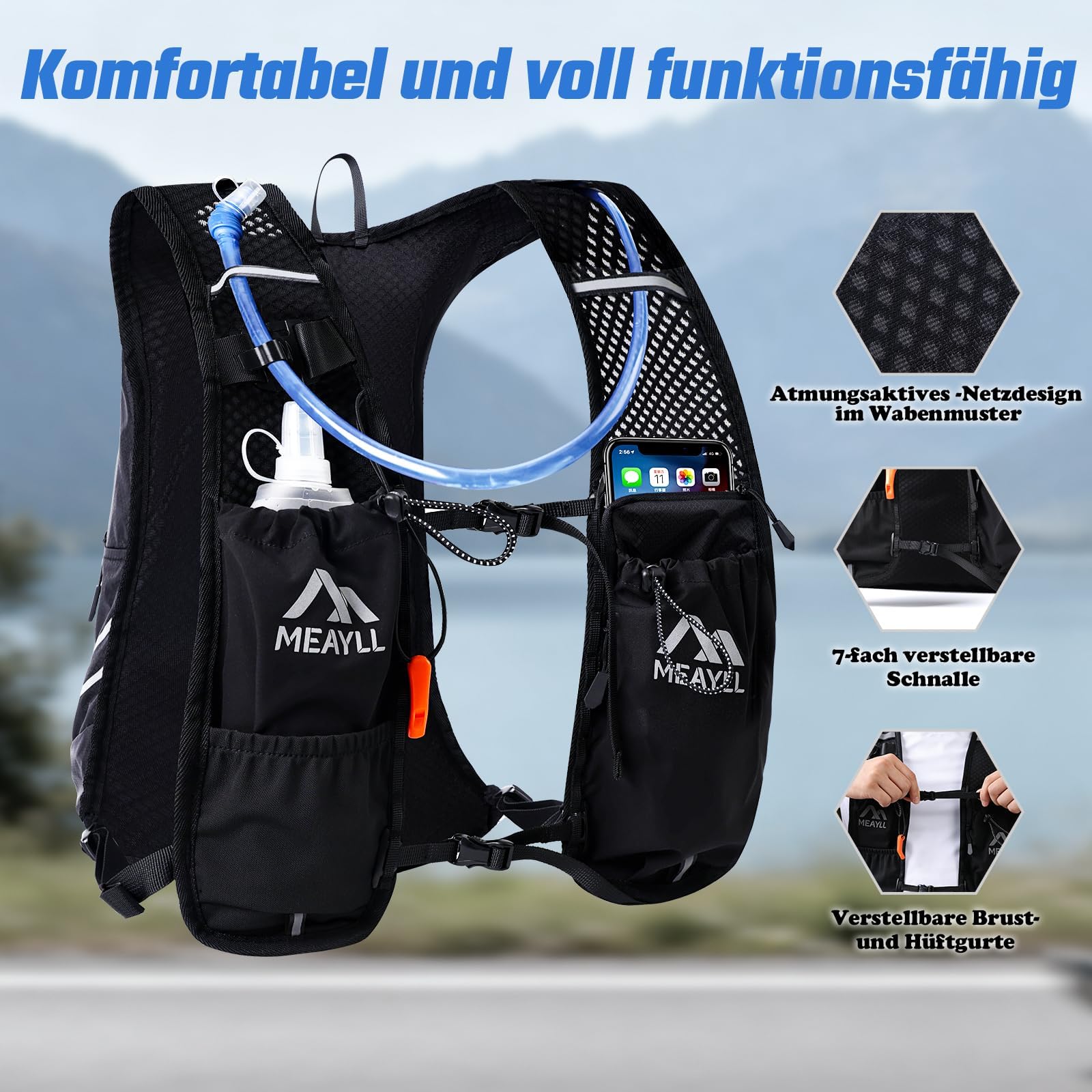Laufweste für Damen & Herren mit 500 ml TPU Trinkflasche – Leichter und bequemer Laufrucksack, 7 L Volumen, Kompatibel mit 2 L Trinkblase, ideal für Trailrunning, Radfahren, Wandern und Marathon