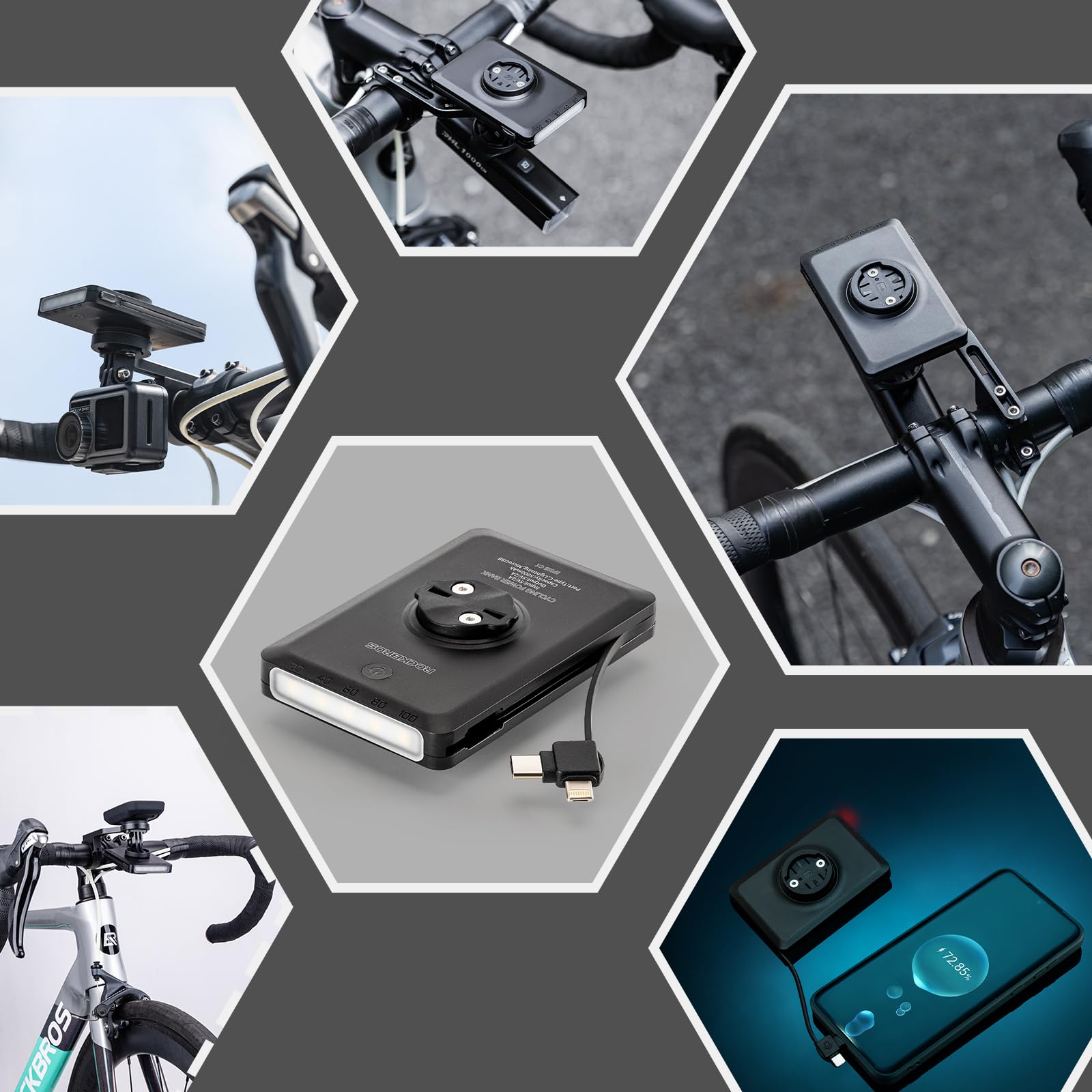 ROCKBROS Luce Bici, Power Bank Ricaricabile, Fanalino Anteriore MTB, 4 Modalità, Luce Bicicletta, Ricaricabile Type-C, USB, Lightning, Impermeabile IPX6, Adatto per Bici da Strada, Bici da Città
