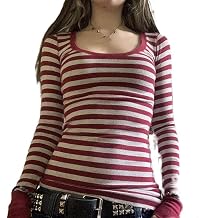 Women Y2k Striped Grunge Shirts Long Sleeve Crewneck Tee Shirt Top 90s Vintage Aesthetic Harajuku Goth Tops Fall