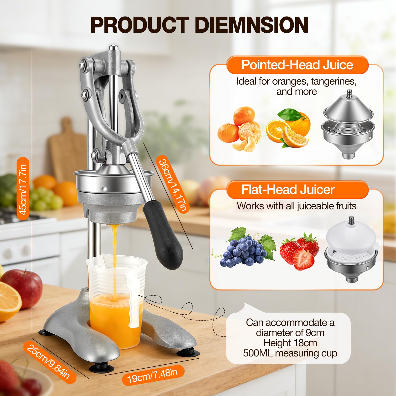 Saftpresse Manuell Profi, Zitruspresse mit Hebel für Orangen Zitronen Grapefruit, Gastro Qualität Aluminium Edelstahl, kraftsparende Fruchtpresse ohne Strom inklusive 500ml Messbecher