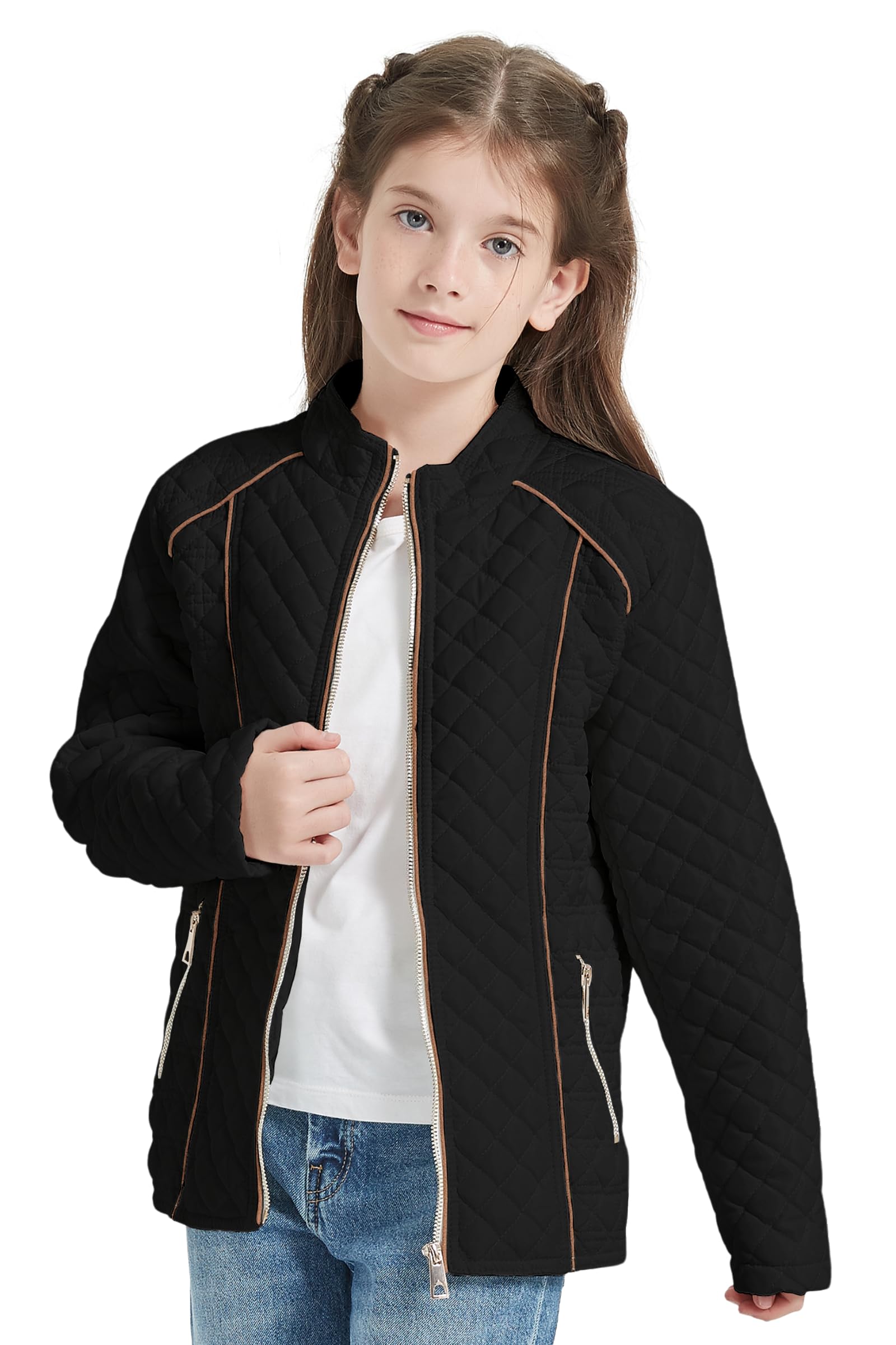 Giolshon Fall Girls Faux Leather Jacket for Kids PU Motorcycle Biker Outwear Solid Color Zipper Kid Slim Coat