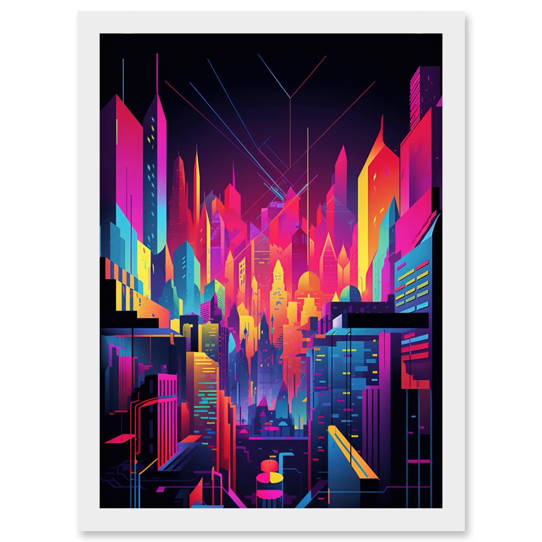 Artery8 Neon Light Colour Abstract Metropolis Cityscape at Night Modern Artwork Artwork Framed Wall Art Print A4