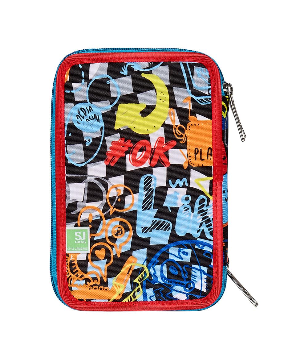 SJ Gang Astuccio Scuola 3 Zip, Blu,Facce Da SJ, Portapenne Triplo Scomparto Completo Di Penne, Matite, Colori, Accessori Zaino, Elementari, Medie, Bambino