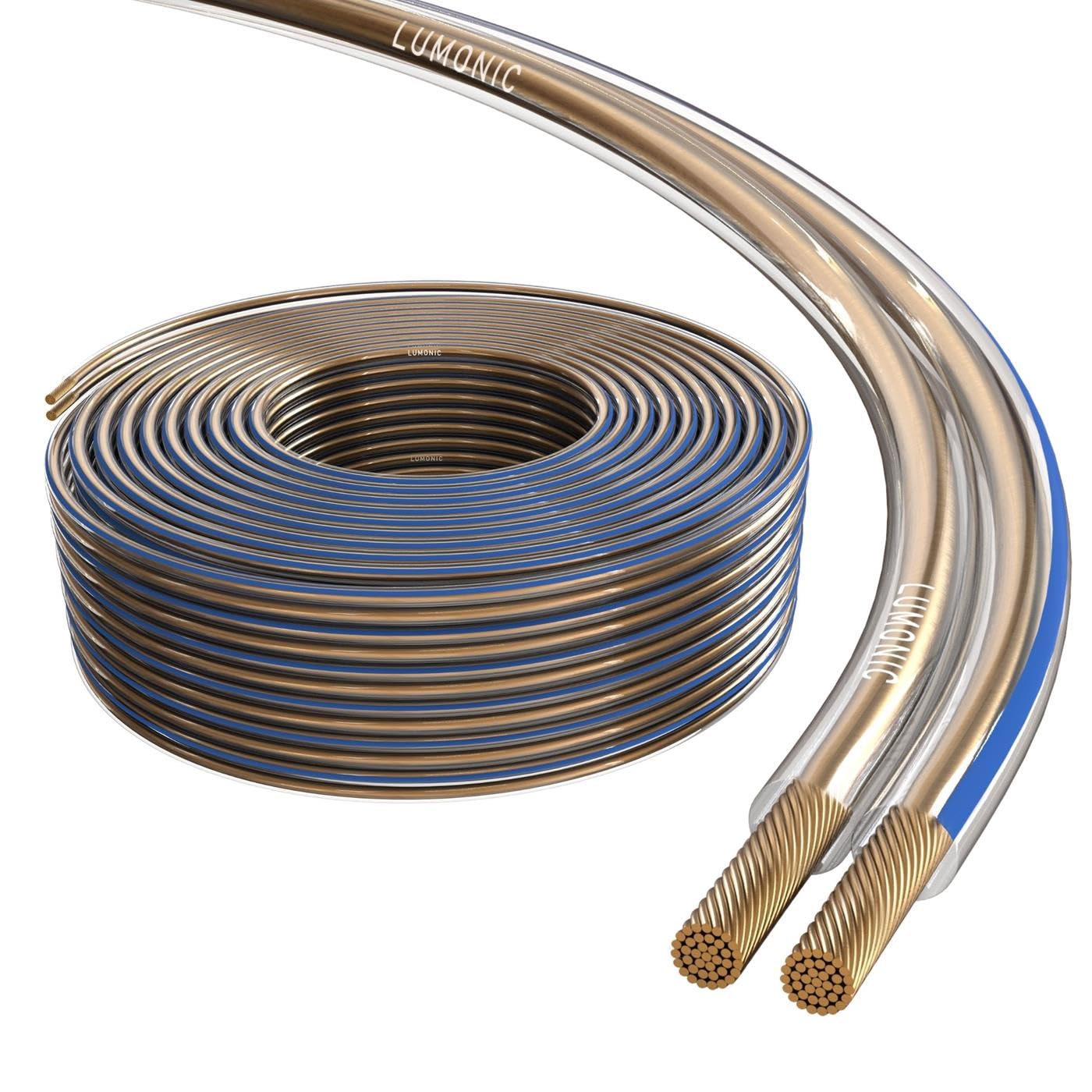 Lumonic Cavi per altoparlanti | 50m Trasparente | 2x 4mm² CCA | Marcatura blu Cavo per diffusori HiFi | Linea audio doppia