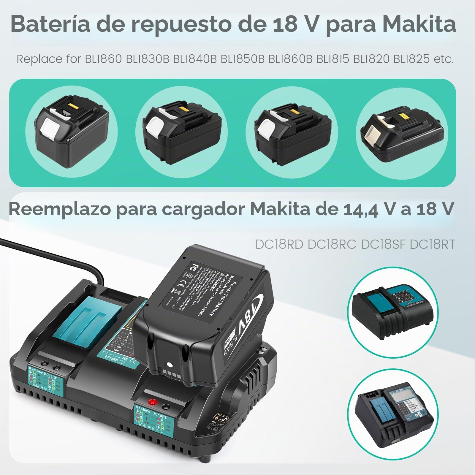 LabTEC Cargador de 18 V con batería para Makita BL1860 2P BL1830B BL1840B BL1850B BL1860B BL1815 BL1820 BL1825 18V 5500mAh Herramientas eléctricas + Cargador de batería para Makita DC18RC DC18RD