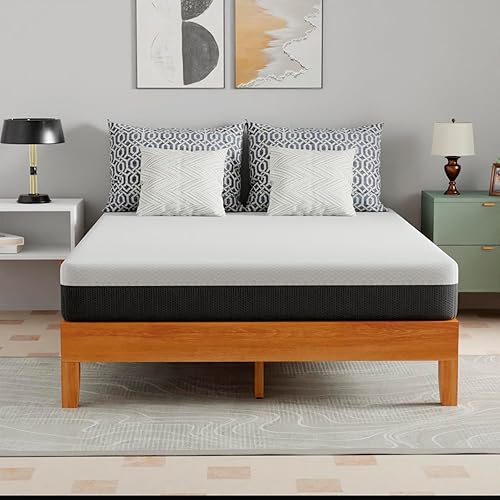 Miniatura 39 de PayLessHere Base de cama de plataforma de madera con cabecero tamaño King, base de madera maciza, soporte de listones de madera, no necesita somier,