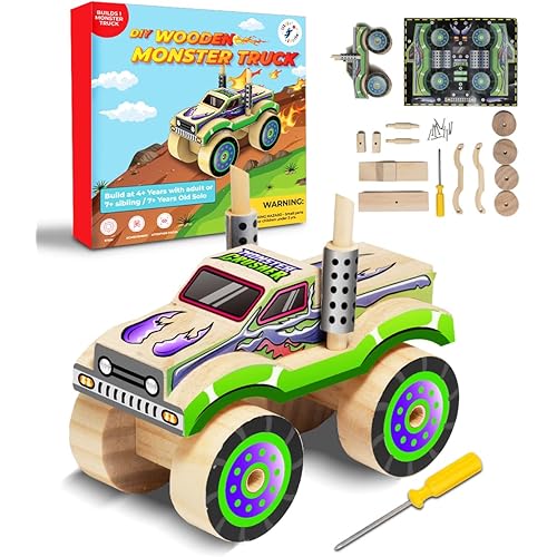 Little Jupiter DIY Wooden Kits w/Stickers - Kids Building Kit - Stem Toys for Ages 4-7 - Wood Crafts for Kids - Woodworking Kits (Monster Truck 2)