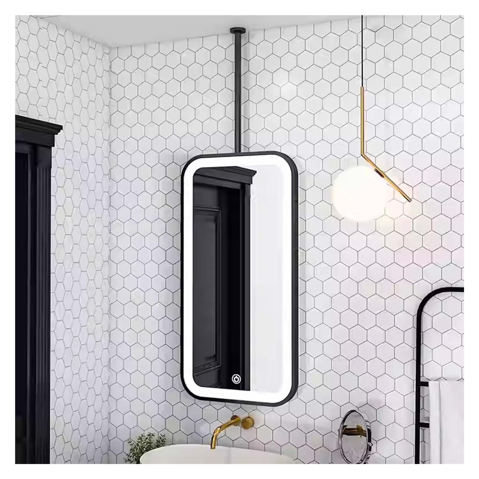 WJFTODAY LED Rectangular Ceiling Hanging Mirror with Light - Stylish Vanity Mirror for Bathroom & Home - Clear, Practical Design (Black, 40x70cm) - Ideal for Hotels & Modern Interiors