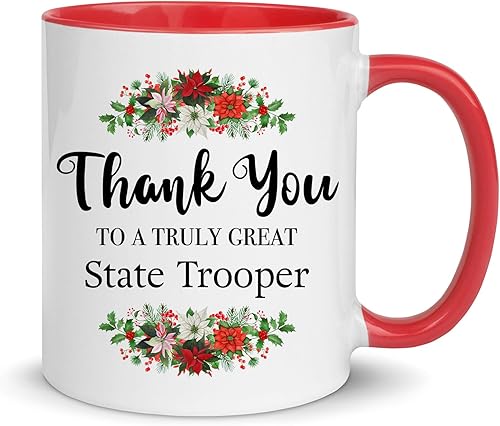 Thank You Gifts for State Trooper Coffee Mug - Red Color Accent Cup 11oz - Provincial Police Territorial United States Cop Sheriff Patrol Women