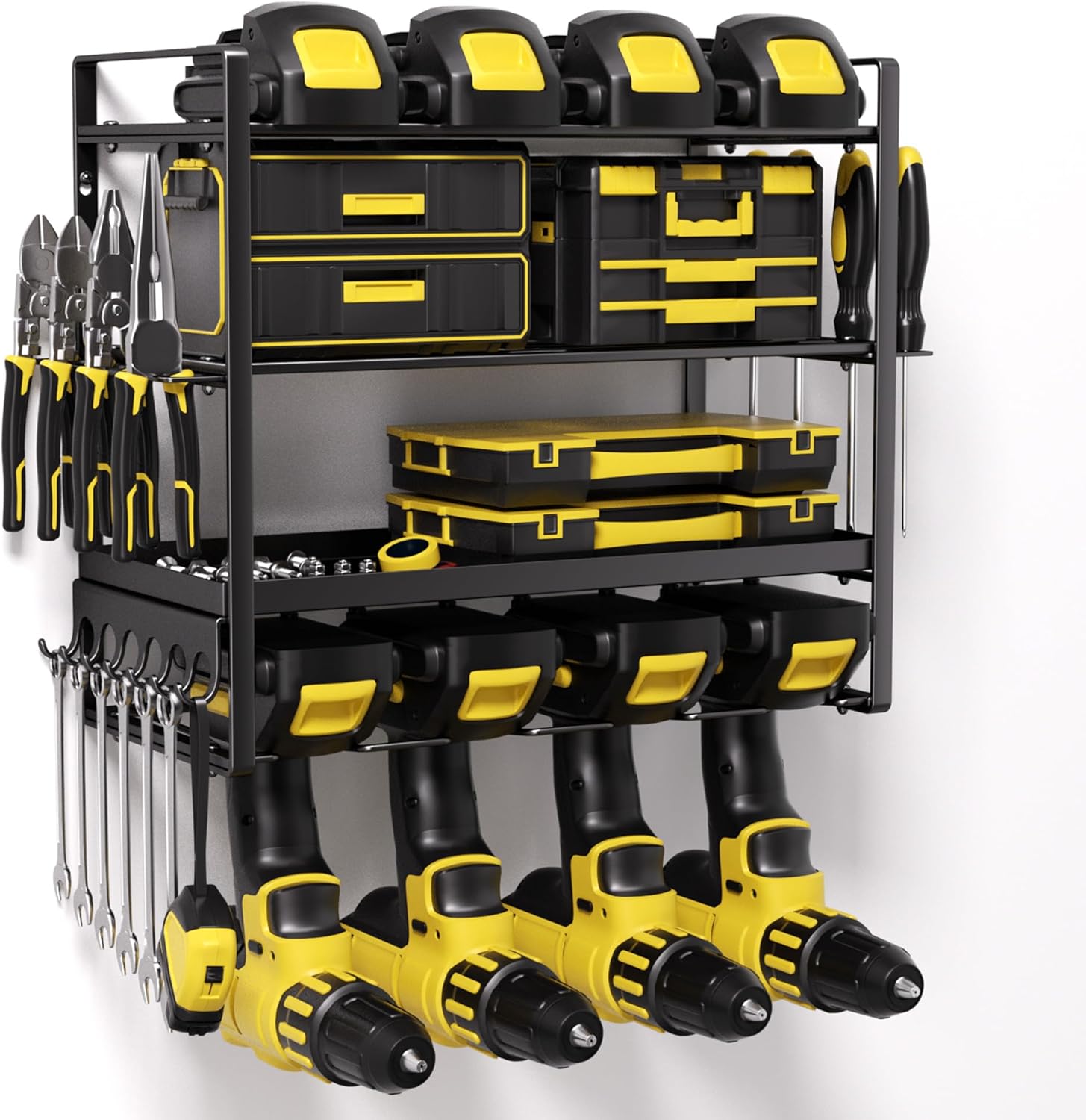 Power Tool Organizer, Metal 4 Layer Heavy Duty Drill Holder, 4Tier Wall Mount Garage Tool Organizers and Storage with Screwdriver/Pliers/Hook Holder,Red Utility Racks gifts for men
