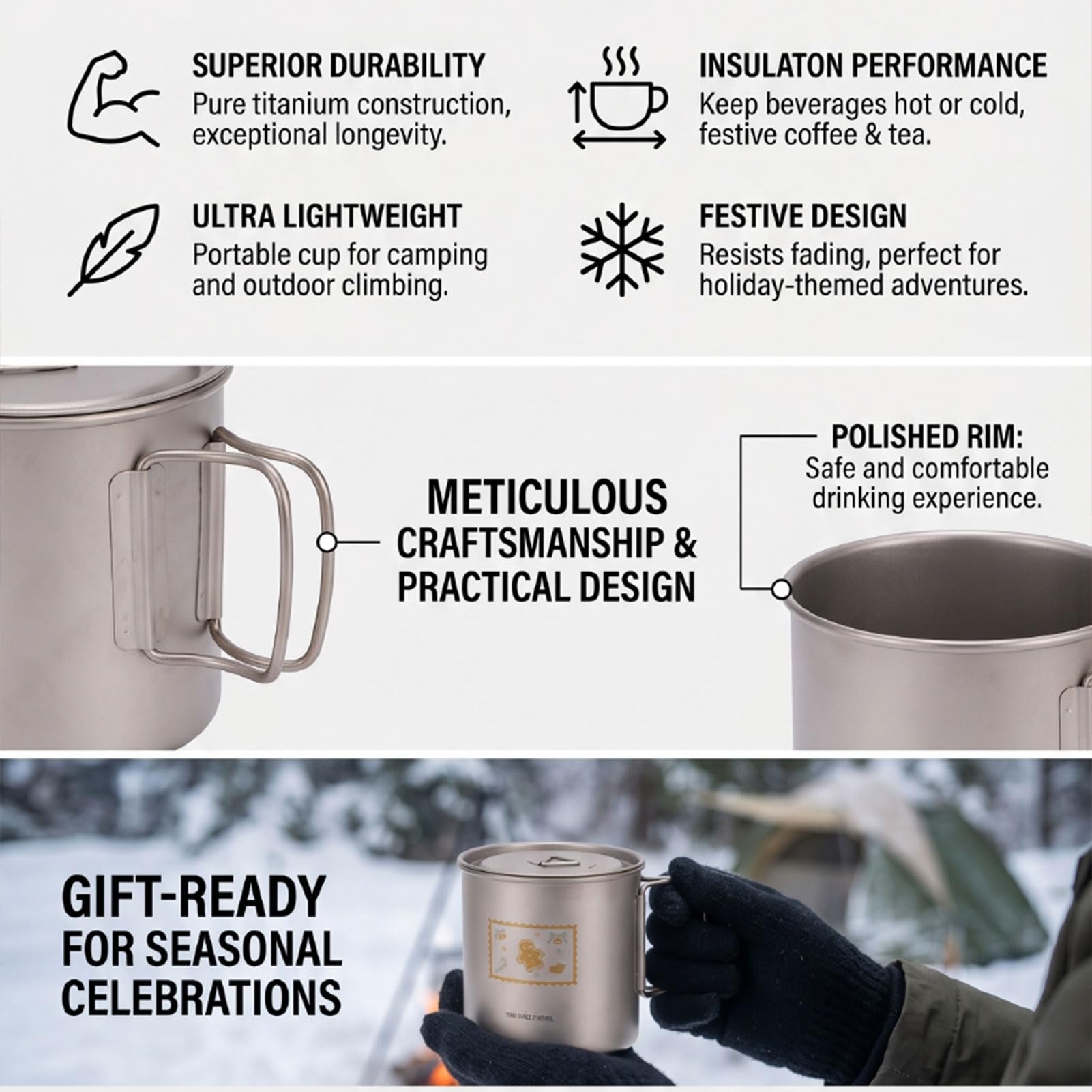 Lixada 750ml Trinkbecher mit Deckel und Klappbarem Griff, Weihnachtliches Lebkuchenmann Motiv, Tragbarer Becher für Kaffee, Tee, Saft, Outdoor Aktivitäten wie Klettern und Camping (750 ml)