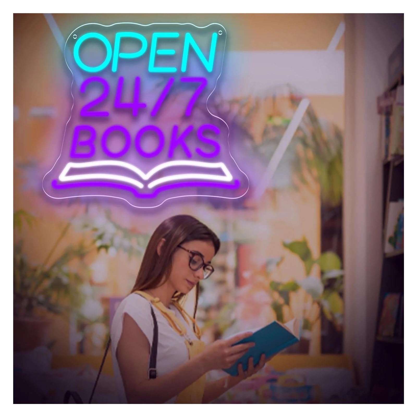 Luci al Neon Da Parete Insegna Al Neon Dimmerabile Open 24/7 Books Angolo Lettura Per Libreria, Biblioteca, Arredamento Per Caffè, Per Amanti Dei Libri, 35.5x31.8cm