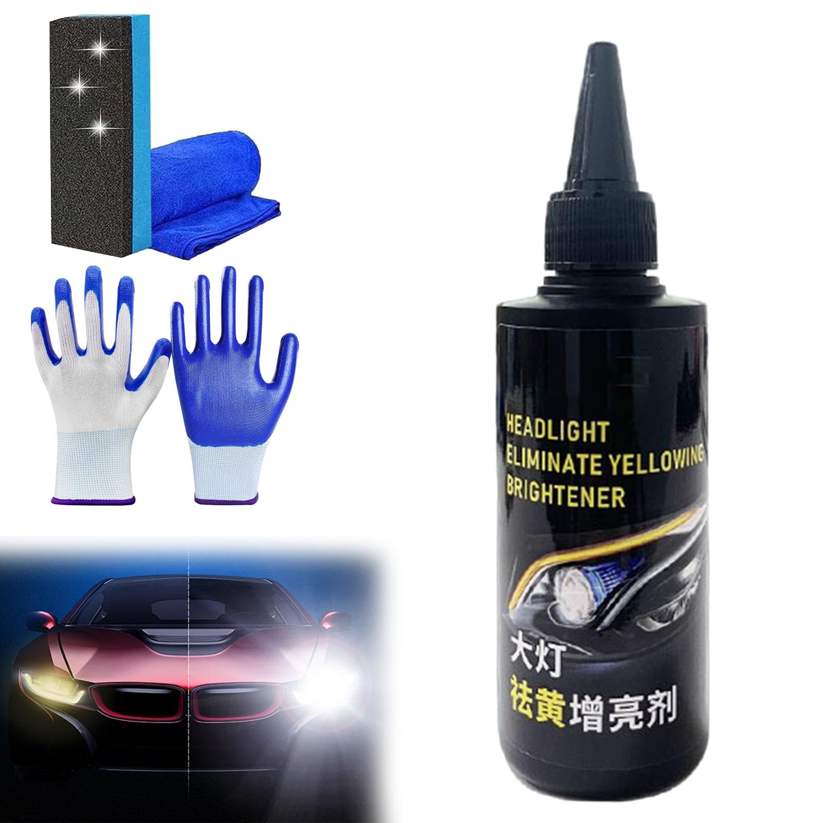 Car Headlight Revitalizer – Blurring &amp; Yellowing Remover, Professional Headlight Restoration Kit, Headlight Eliminate Yellowing Bringhtener, Head Light Cleaner for Polish, Decontamination (1Pcs)