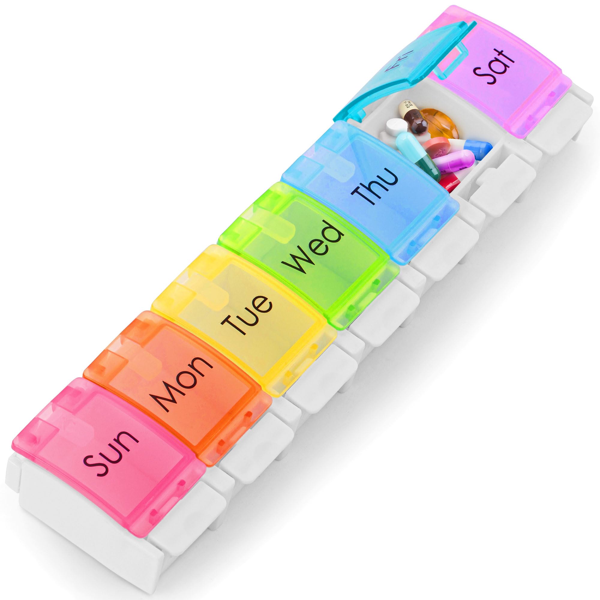 Boxsik Pill Box Organiser (Rainbow) 7-Day 1 Time a Day Medicine Storage Case Push Button Opener & Detachable Compartments, Weekly Tablet Pills Container for Vitamins, Supplements & Travel Medication