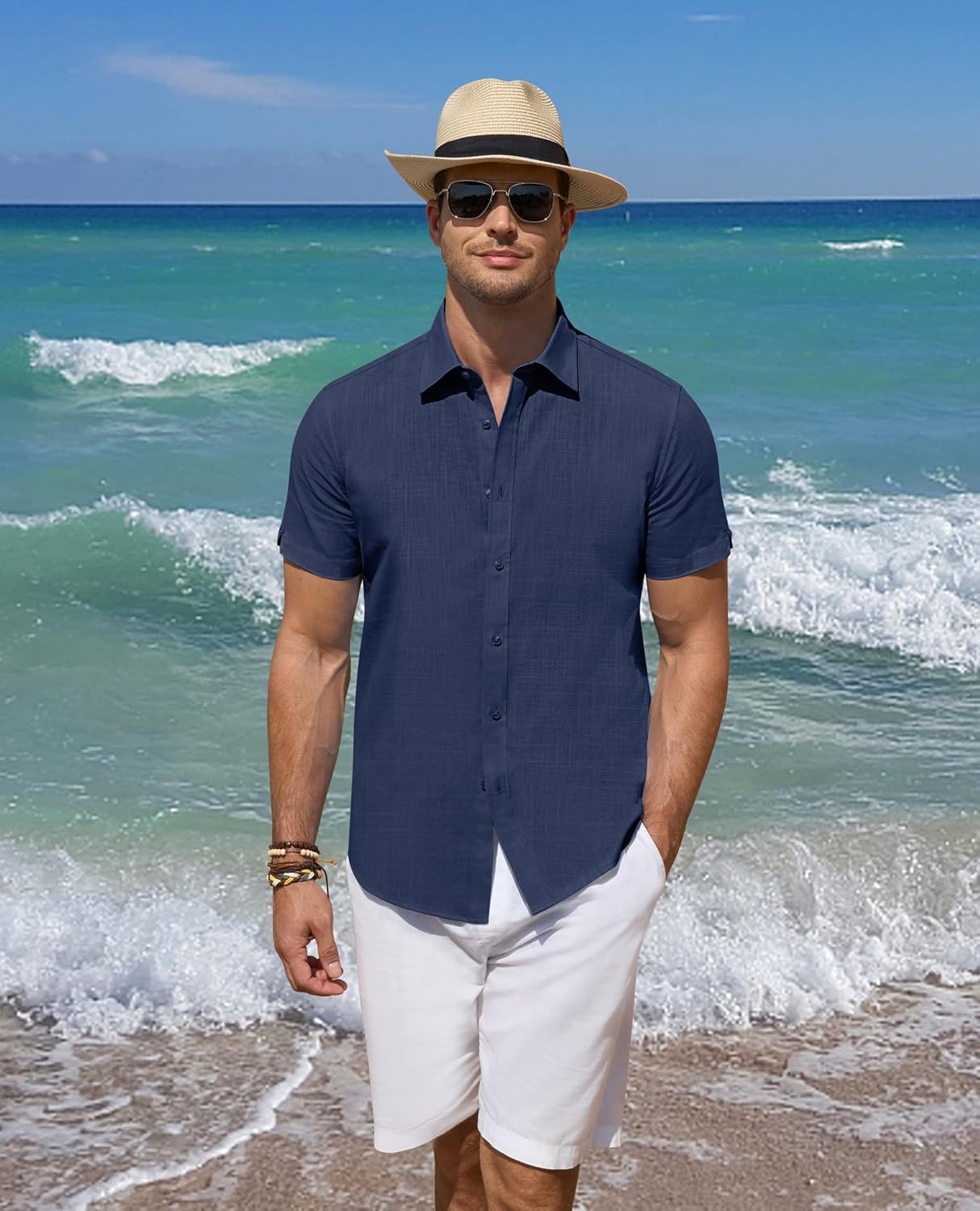 DEMEANOR Linen Shirts for Men Short Sleeve Button Down Shirts Summer Beach Casual Linen Button Up Shirt Vacation Wedding - Image 3