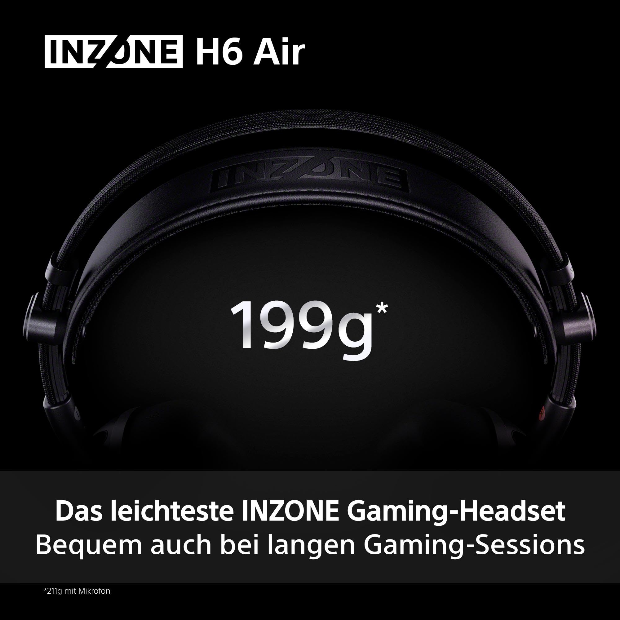 Sony INZONE H6 Air – kabelgebundenes Open-Back-Gaming-Headset – 360 Spatial Sound für Gaming, ultraleichtes 199 g-Design, abnehmbares Bügelmikrofon, Einstellbarer EQ via INZONE Hub – PC/PS5, Schwarz