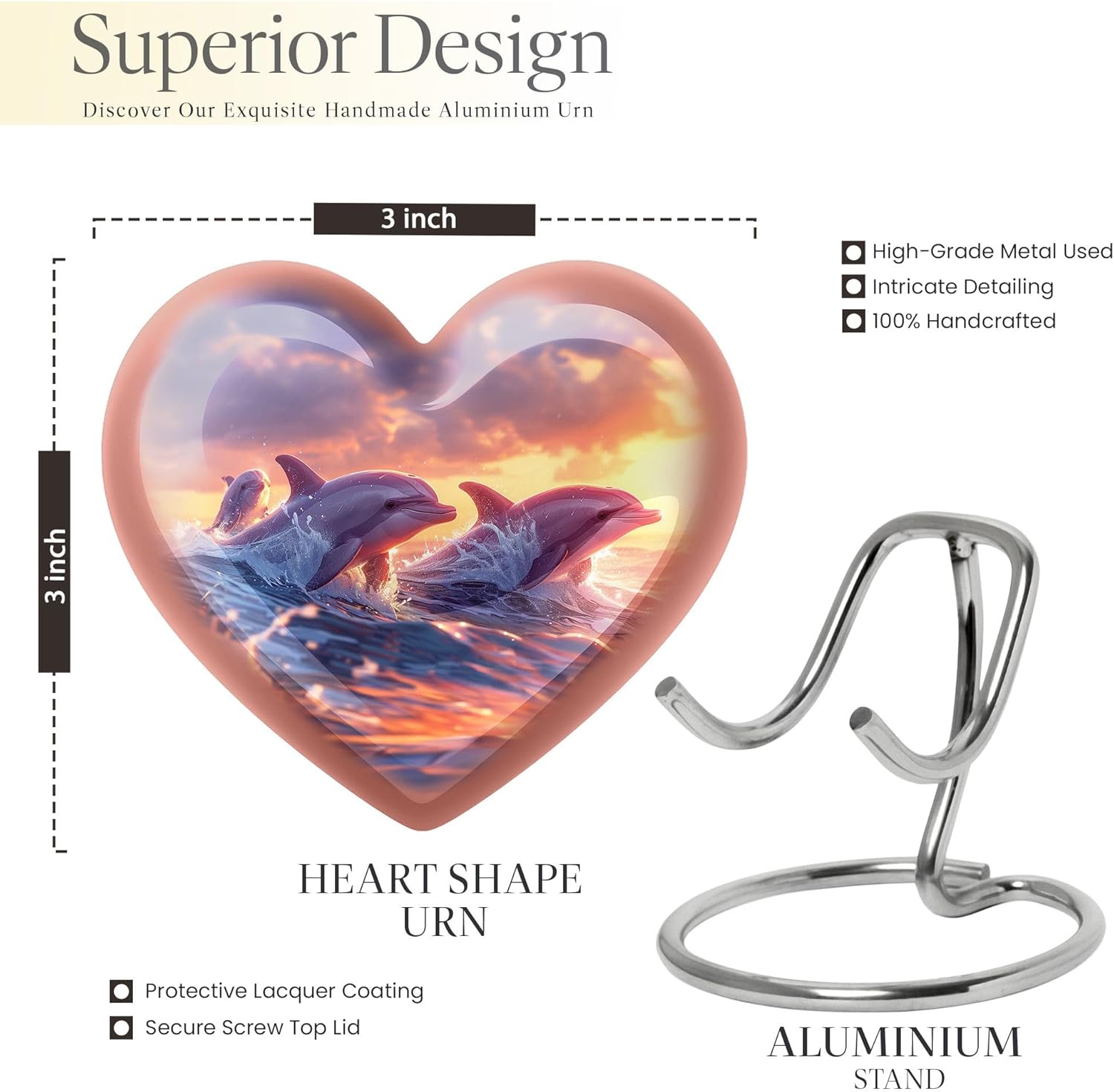 Dolphin Urn for Ashes - Heart Urn for Human Ashes Adult Female - Cremation Urns for Burial - (Size - 3 inch Pack of 1) - Keepsake Urns