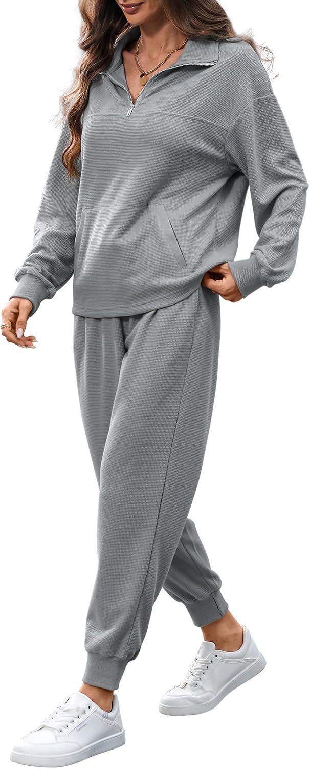 Women's Waffle Knit 2 Piece Lounge Outfits 1/4 Zip Up Top Jogger Set | Long Sleeve Pullover Sweatshirt Tops, Sweatpant Matching Sets, Solid Sweats Track Suits Sets with Pockets