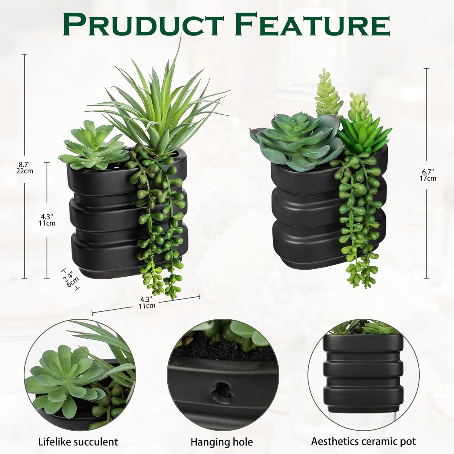 Fake Succulents in Black Ceramic Pots Dual Use Artificial Succulents Arrangement in Vase Hanging Succulents Plants Artificial Small Fake Plants for Desk Office Decor Faux Succulents Desk Plant Set 2