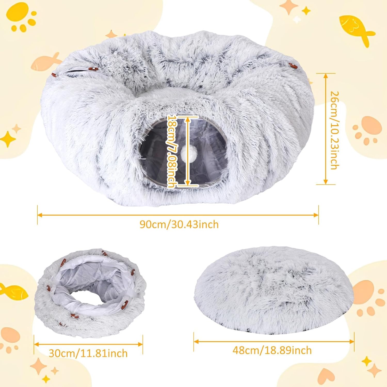 Cat Tunnel Pet Cat Bed Multifunctional Cat Toy Soft Portable with Hanging Ball Warm Exercise Cat House Cat Cave Tube for, Gray