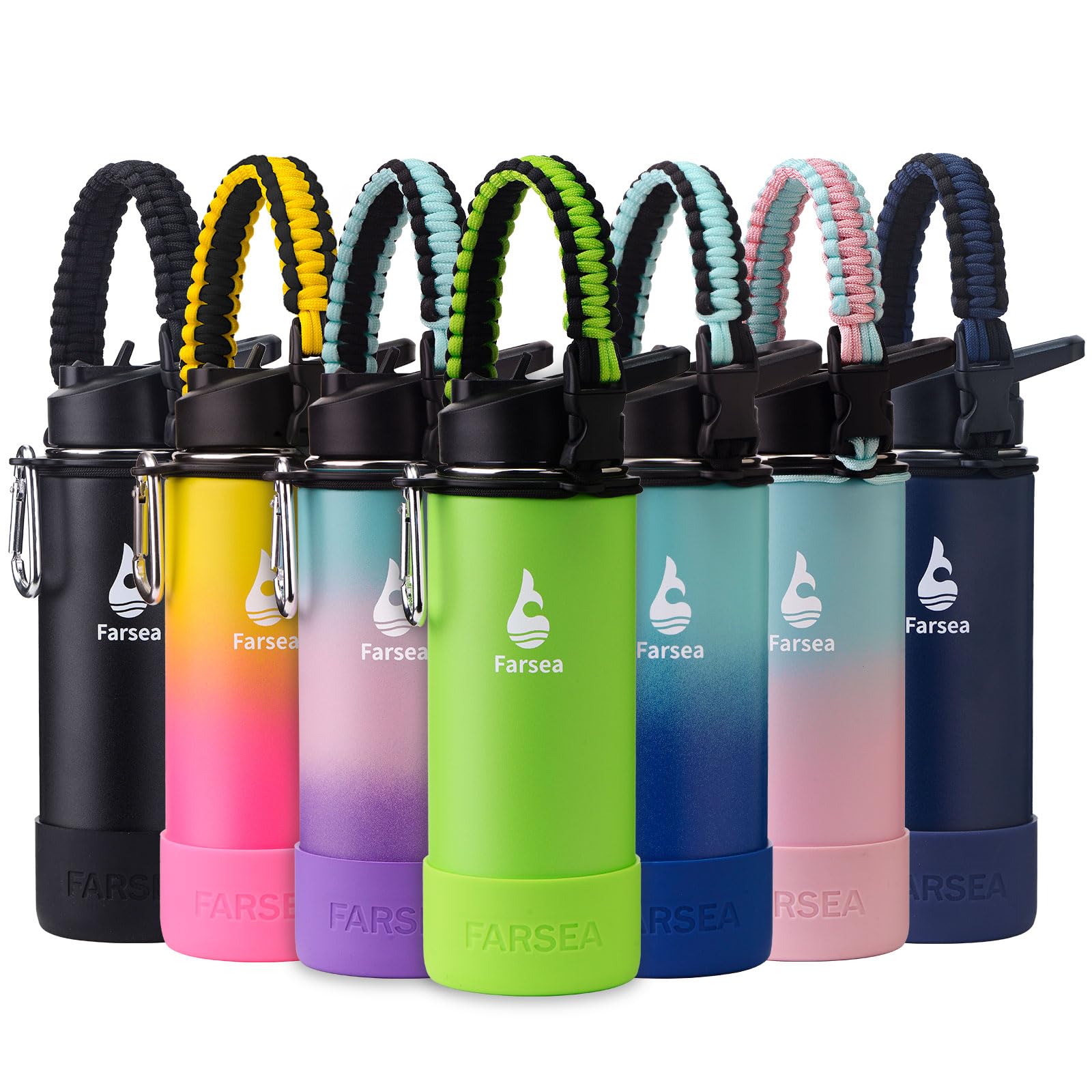 Farsea Insulated Water Bottle With Paracord Handle Protective Boot and 2 Lids Straw Lid Spout Lid Stainless Steel