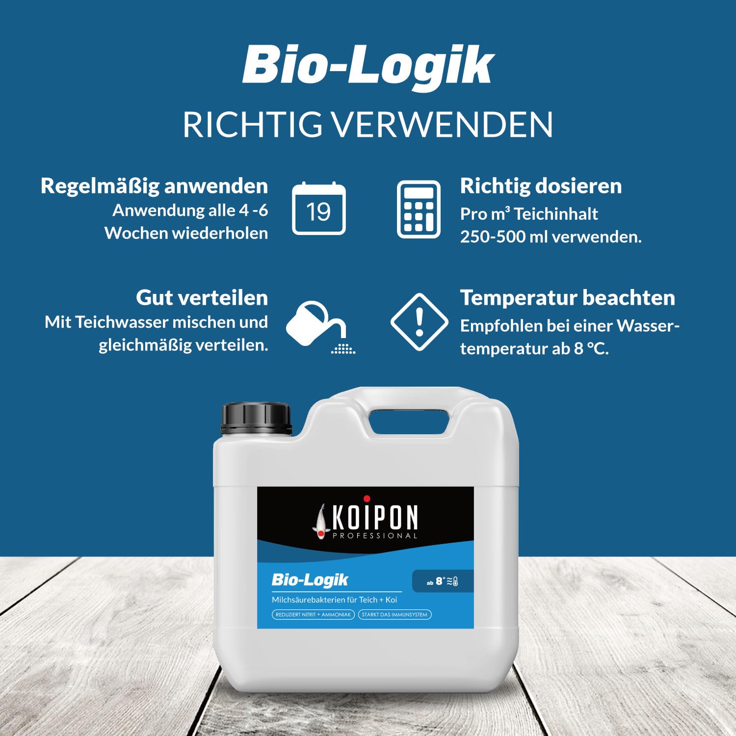 KOIPON Bio-Logik, Teich Milchsäurebakterien 5 l, Teich Bakterien zur Teichpflege vom Gartenteich & Fischteich | Reduziert Ammoniak, Nitrit und Algenwuchs