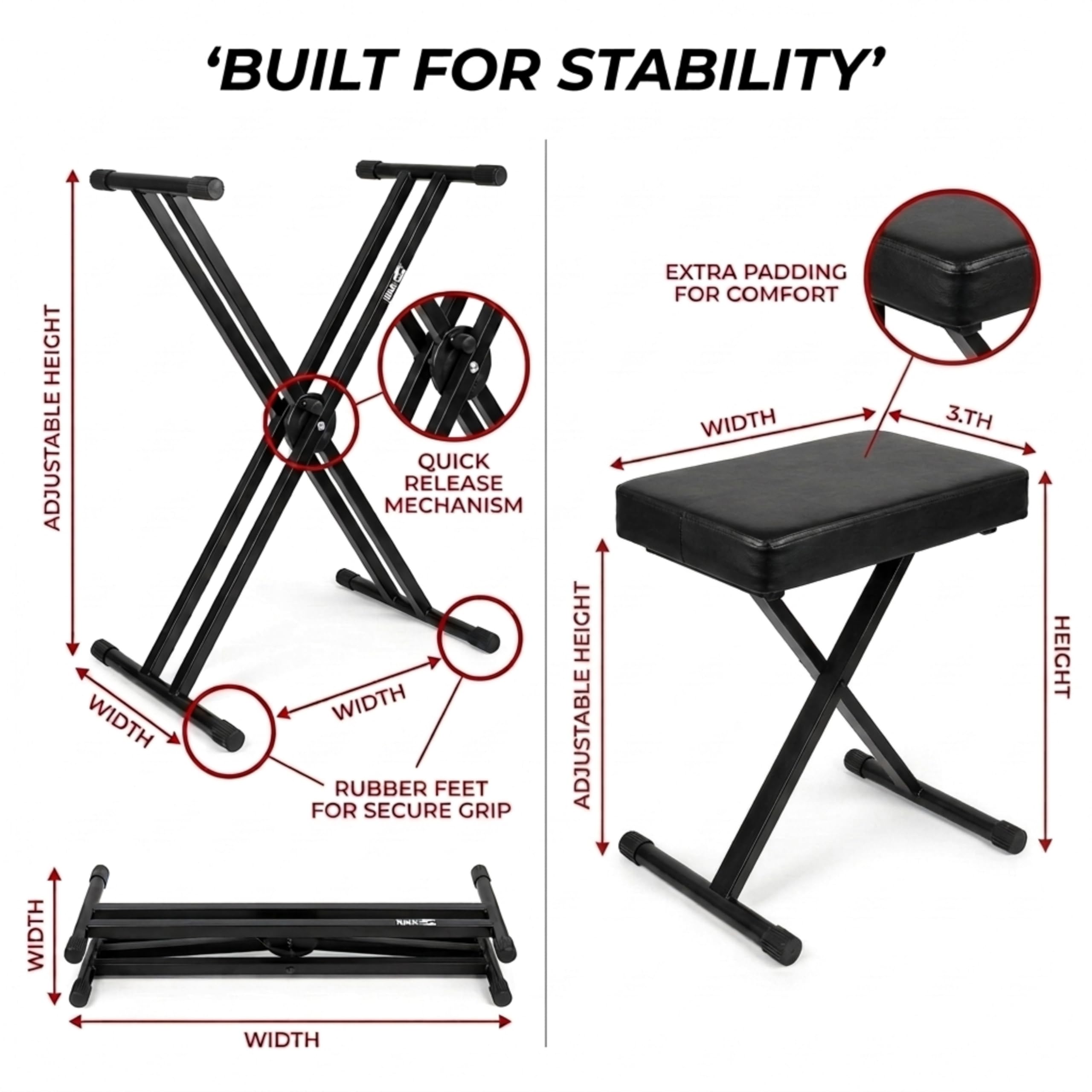 RockJam 61 Key Keyboard Piano Stand With Pitch Bend Kit, Piano Bench, Headphones, Simply Piano App & Keynote Stickers