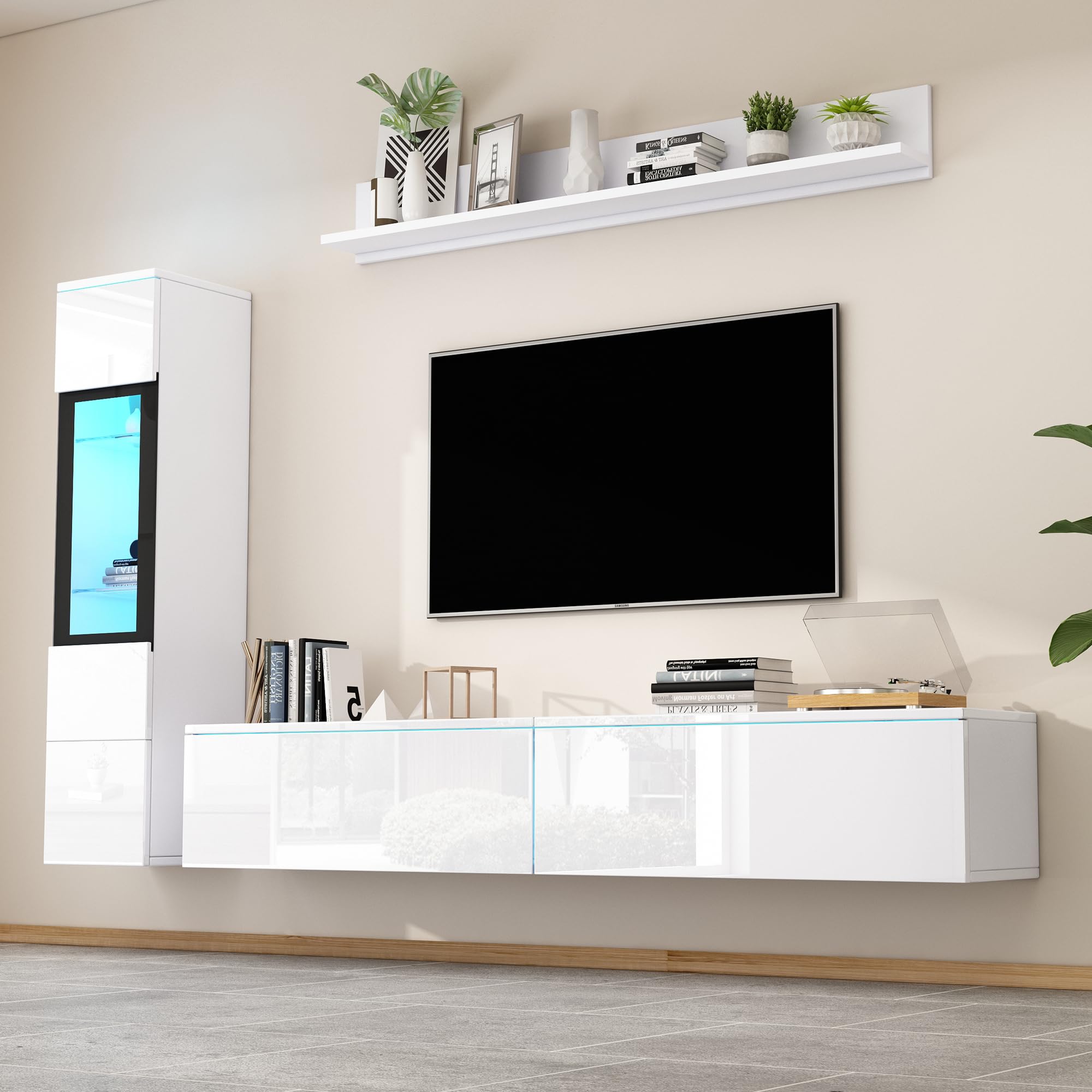 Set da parete per TV, 3 pezzi, illuminazione a LED, bianco lucido, set di mobili da soggiorno, parete frontale bianca, 1 armadio TV, 1 vetrina per soggiorno, 1 mensola sospesa (bianco)