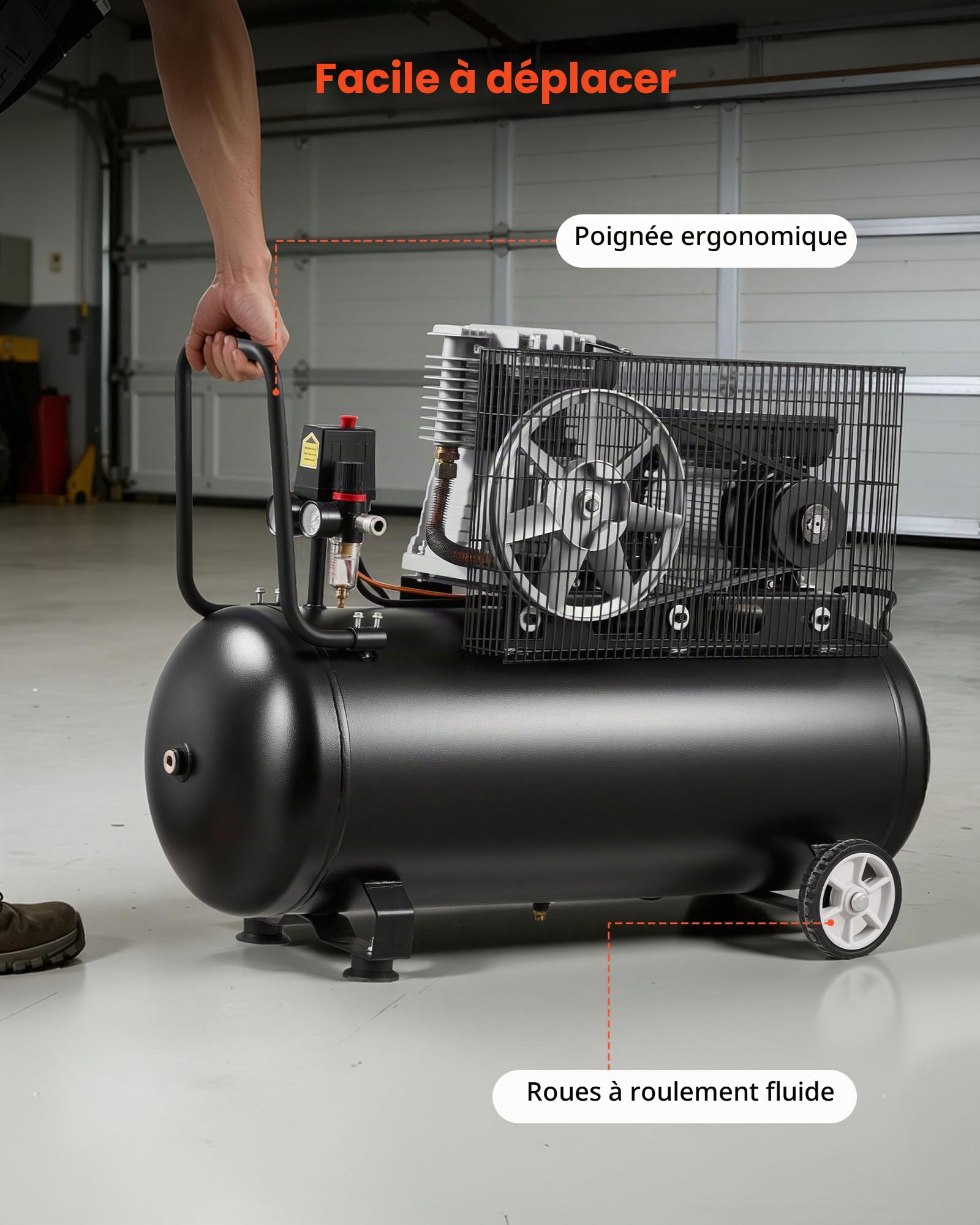 VEVOR Compresseur à Air 100 L Réservoir Compresseur d'Air à Courroie 3 kW pour Réparation Automobile, Gonflage Pneus, Peinture Pistolet, Clouage Bois, 226 L/min à 6,2 bar, Max. 10 bar, Portatif Mobile