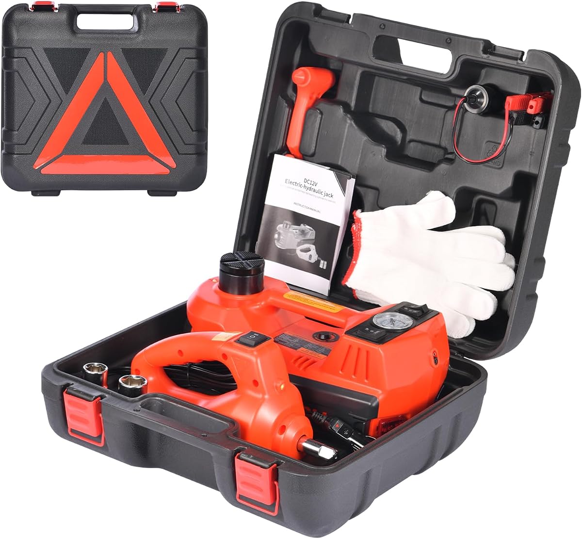 Electric Car Jack Kit, 5 Ton Hydraulic Car Jack | With Electric Impact Wrench and Inflator Pump, 12V Jack with LED Light for SUV MPV, Lifting Range 6 to 17.7 Inch (Red)