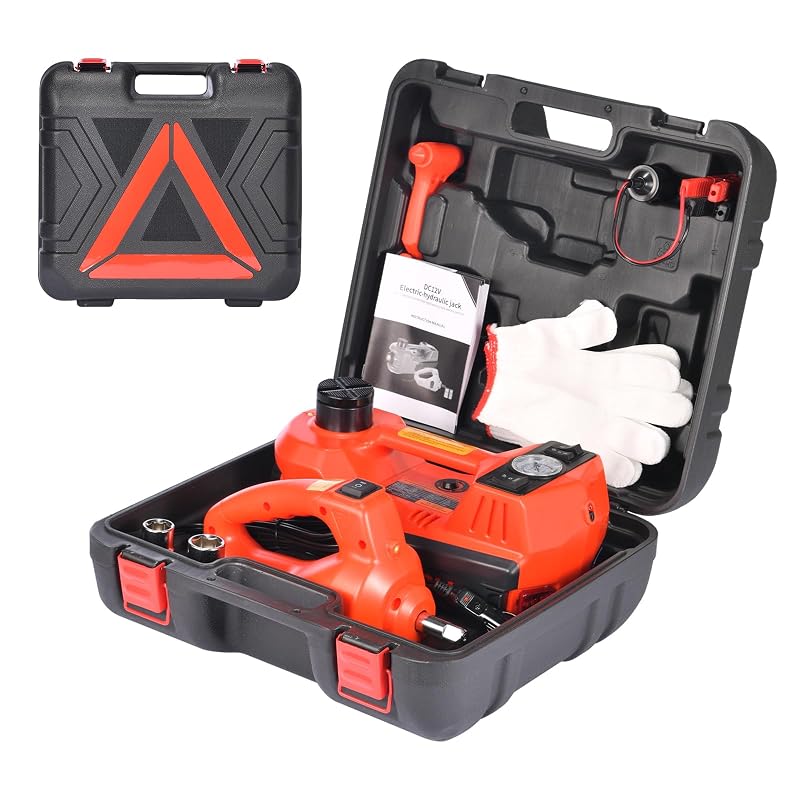 Kit Macaco de Piso Elétrico Hidráulico TYAYT 5 Toneladas com Chave de Impacto e Inflador 12 V Vermelho