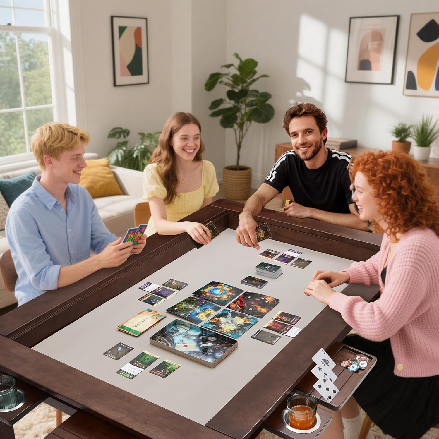 Haddockway 63" ×39“ Board Game Table with Removable Top, Solid Wood Dining/Gaming Table for 4-6 Players with Play Mat, 6 Detachable Cup Holders & 6 Hobby Trays (Warm Walnut)