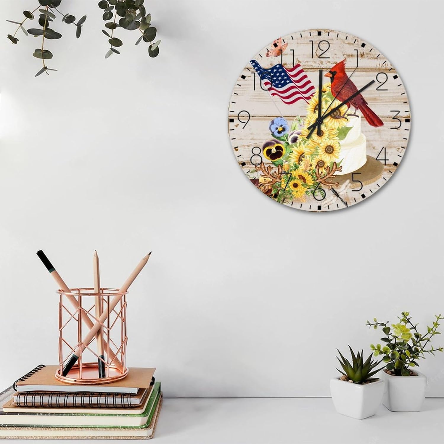 12" Silent Non-Ticking Wall Clocks Battery Operated 4th of July Patriotic Sunflower Cardinal Home Decoration for Bathroom US Flag Fourth of July Round Wooden Wall Clock Vintage for Auto Shop Office