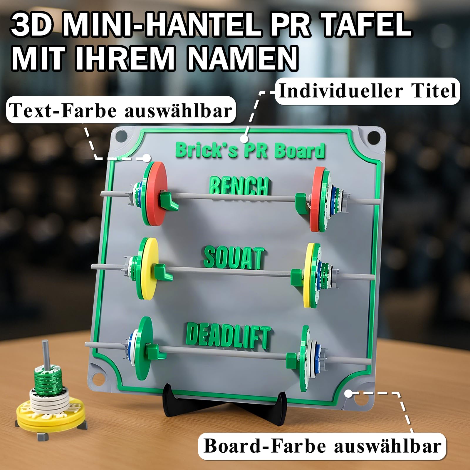 PR-Tafel für Krafttraining mit Mini-Hantelscheiben und Kurzhanteln, Personalisiertes PR-Board zur Erfassung Persönlicher Rekorde, Geschenk für Kraftsportler Fitness-Enthusiasten