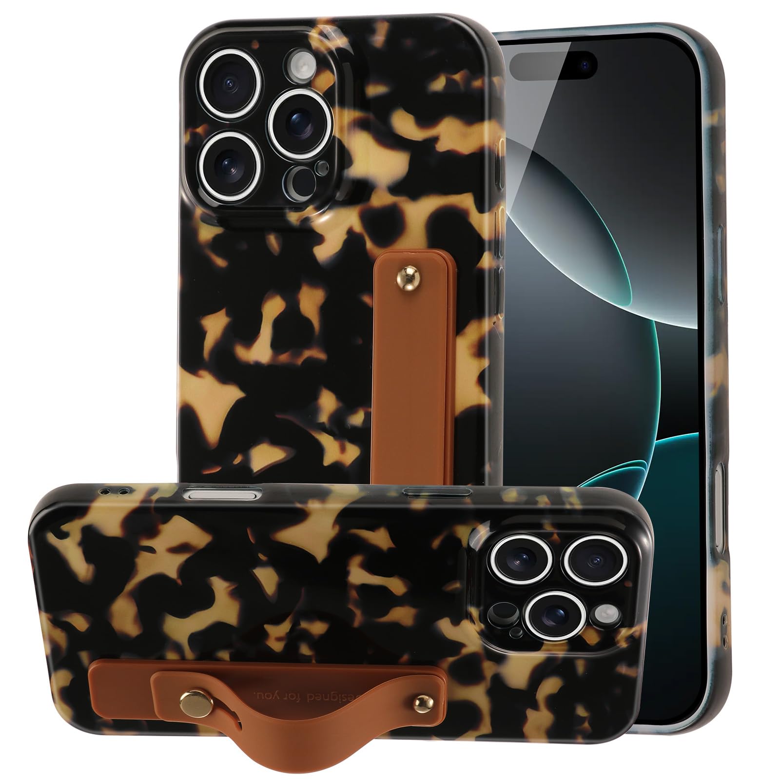 Zrutru for iPhone 16 Pro Case with Wrist Strap,Cheetah Leopard Tortoise Shell Print Protective Shockproof Case, Classic Soft TPU Adjustable Wristband