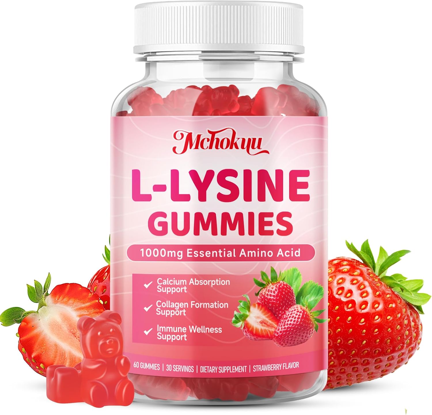 L-Lysine 1000mg Gummies, Chewable Lysine Supplement for Adults & Kids Immune Support, Essential Amino Acid, Vegetarian, Non-GMO, Sugar-Free, Gluten Free, Strawberry Flavor, 120 Counts