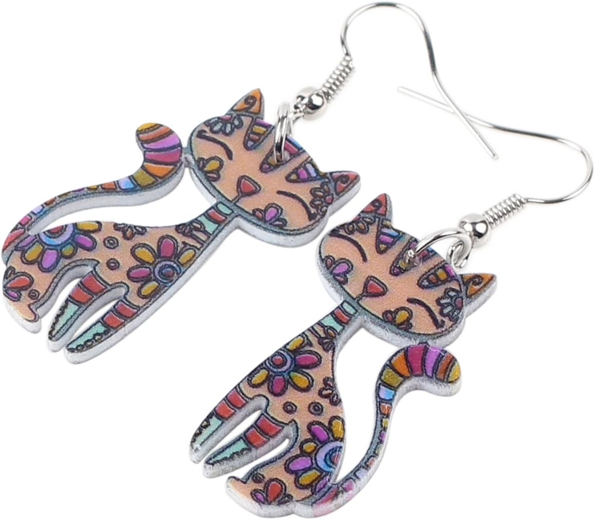 Bonsny Acrylic Long Drop Dangle Cat Earrings "CAYLEIGH Statement Pop-Art Kitten Gift Women - Image 2