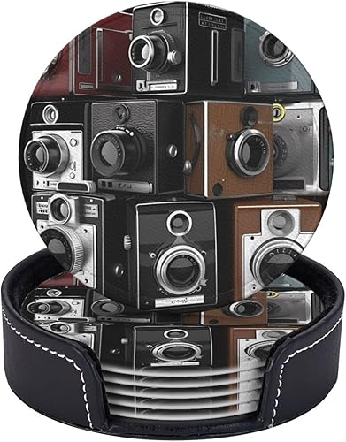 Miniatura 3 de Retro Cool Camera Collection Coasters Set of 6 with Holder Non-Slip Leather Coaster for Drinks Round Drink Coaster for Tabletop Protection, Cup Mat