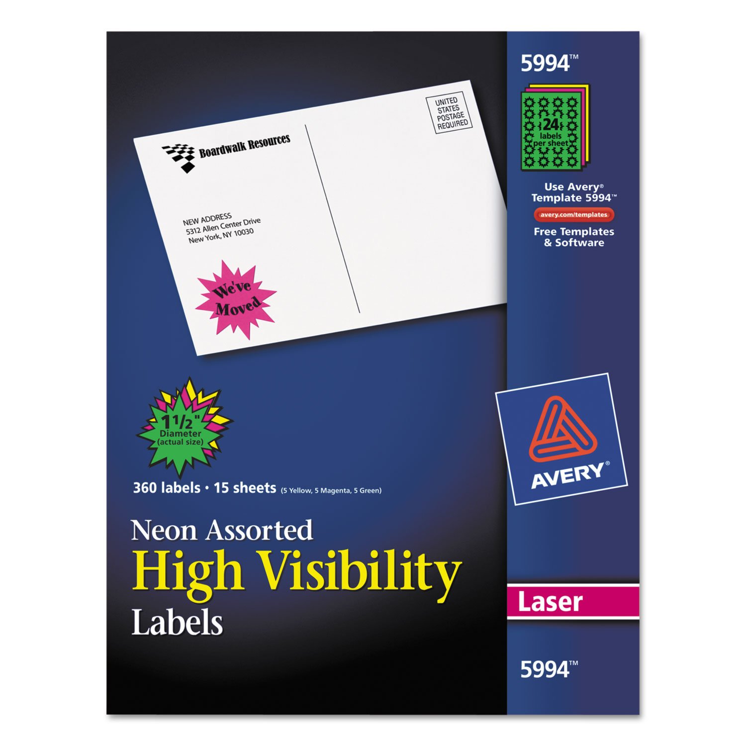 New - Burst Laser Labels, 1-1/2in Dia, Assorted Neon Colors, 360/Pack - 5994