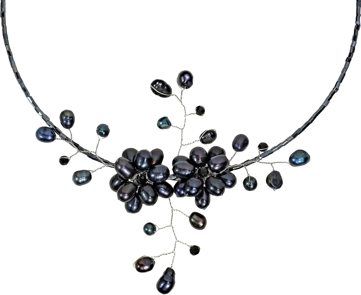 AeraVida Women's Stunning Cultured Freshwater Black Pearl Cluster or Chrysanthemum Flower Choker Style Wire Statement Necklace for Elegant Accessories