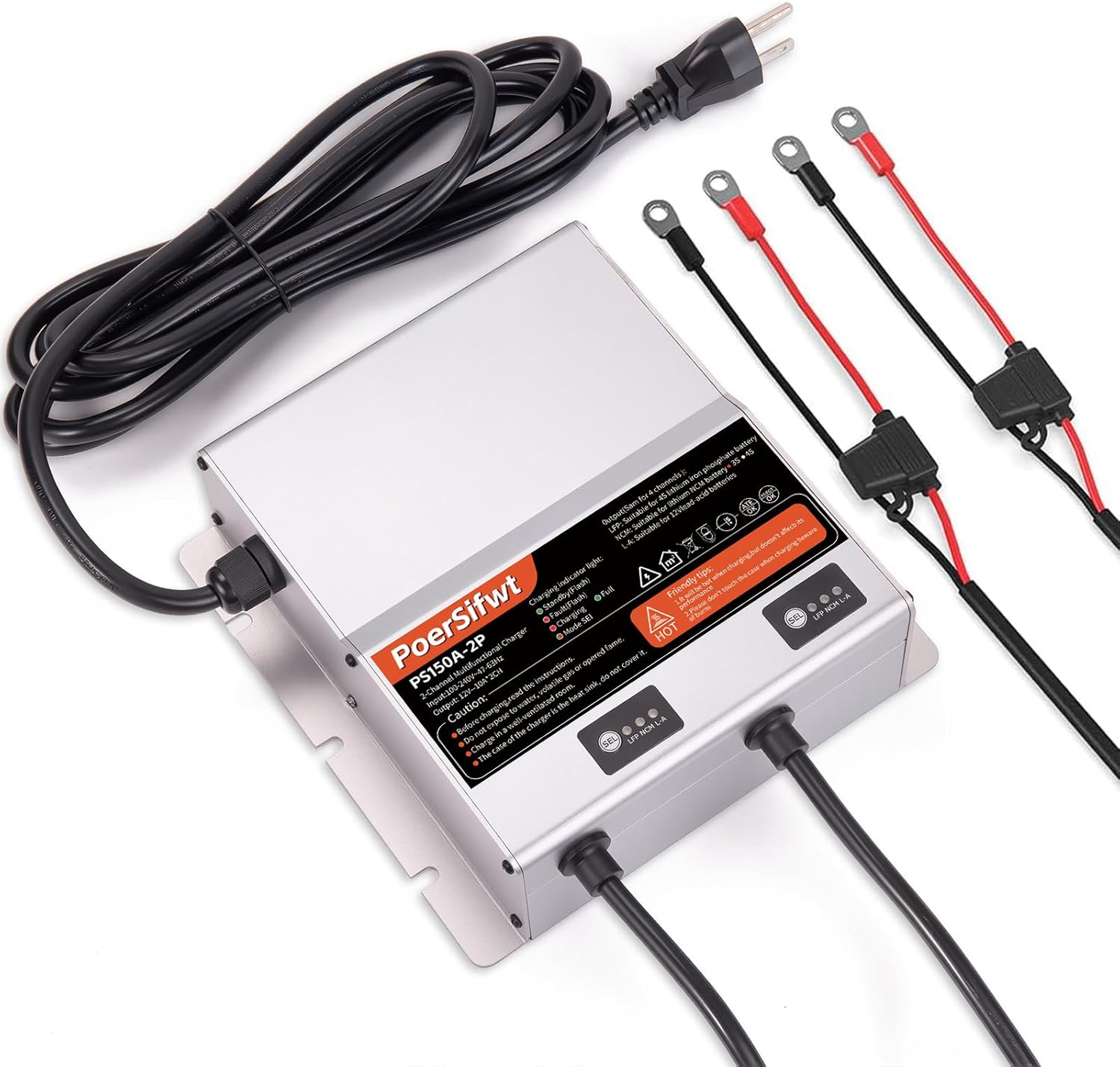 2 Bank 12V 10A Marine Battery Charger, Dual Output Smart Charger for LiFePO4, Lithium, Lead Acid Batteries, with 0V Start for Boat, RV, Trolling Motor, Lawn Mower