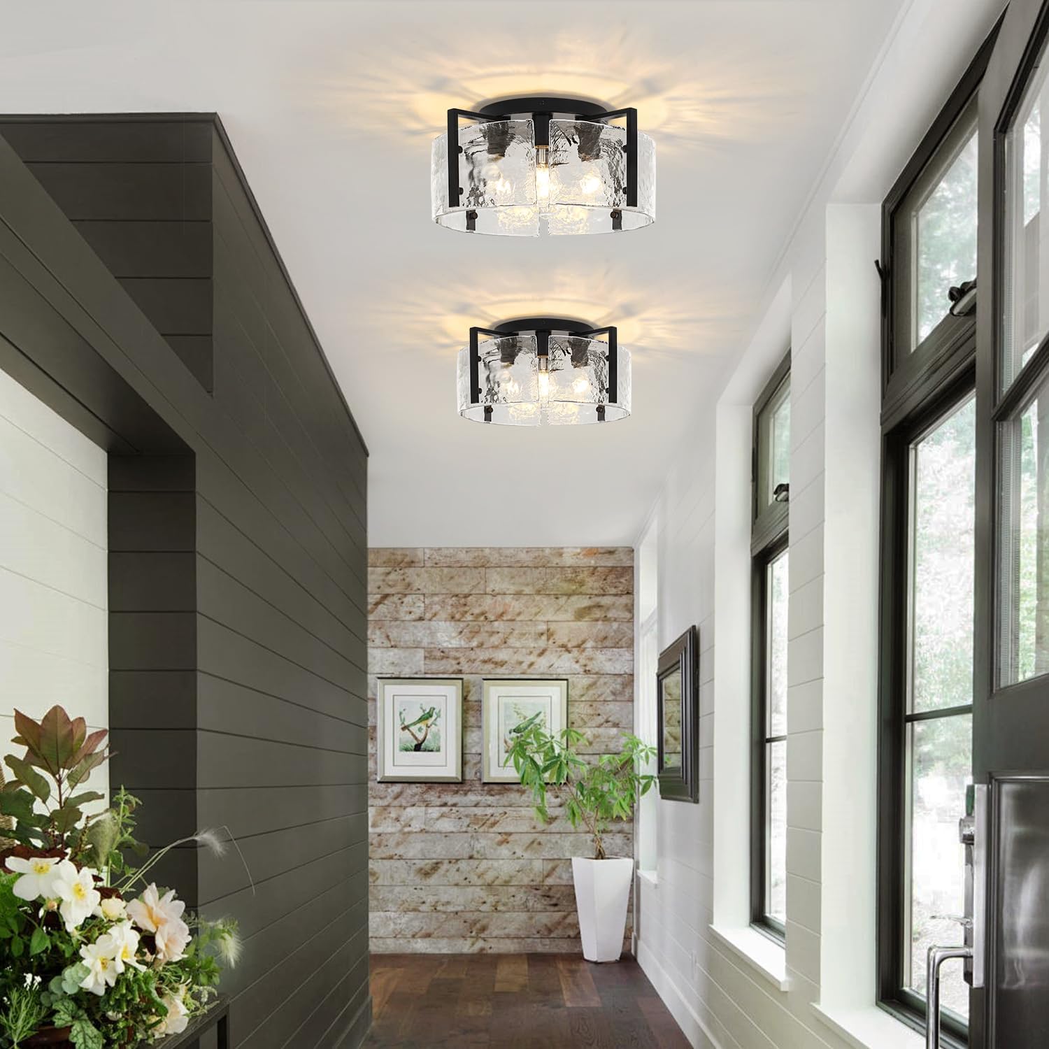 18.5'' Modern Black Semi Flush Mount Ceiling Light, Entryway Light Fixture, 4-Light Glass Ceiling Lights for Hallway Foyer Kitchen Island Dining Room Bedroom Living Room Bathroom Lighting Fixtures