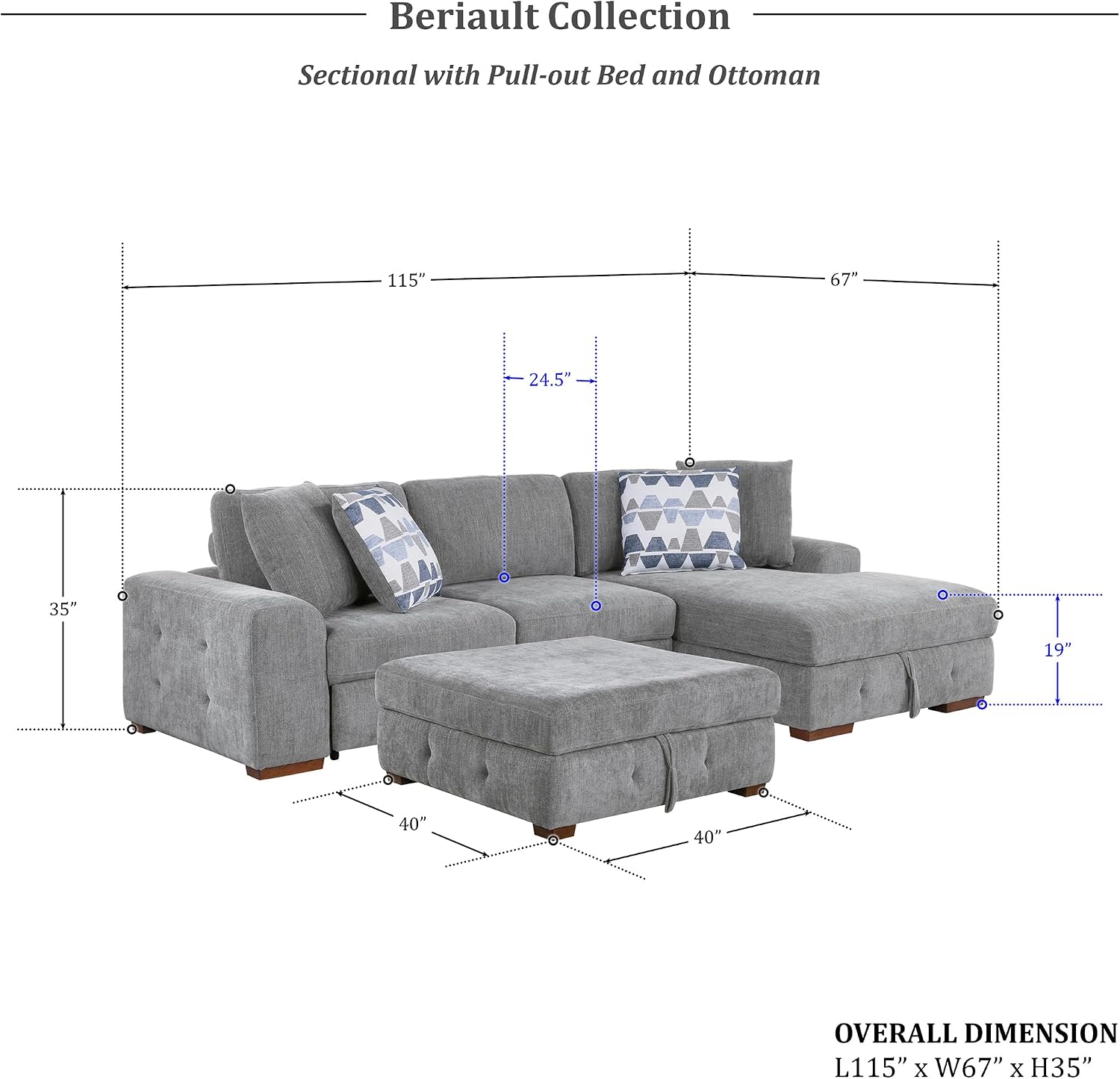 Lexicon Sectional Couches for Living Room, Chenille Fabric Sleeper Sofa, L Shape Sectional Couch with Right Storage Chaise and Pull Out Sofa Bed, 3 Seater with Ottoman, Grey