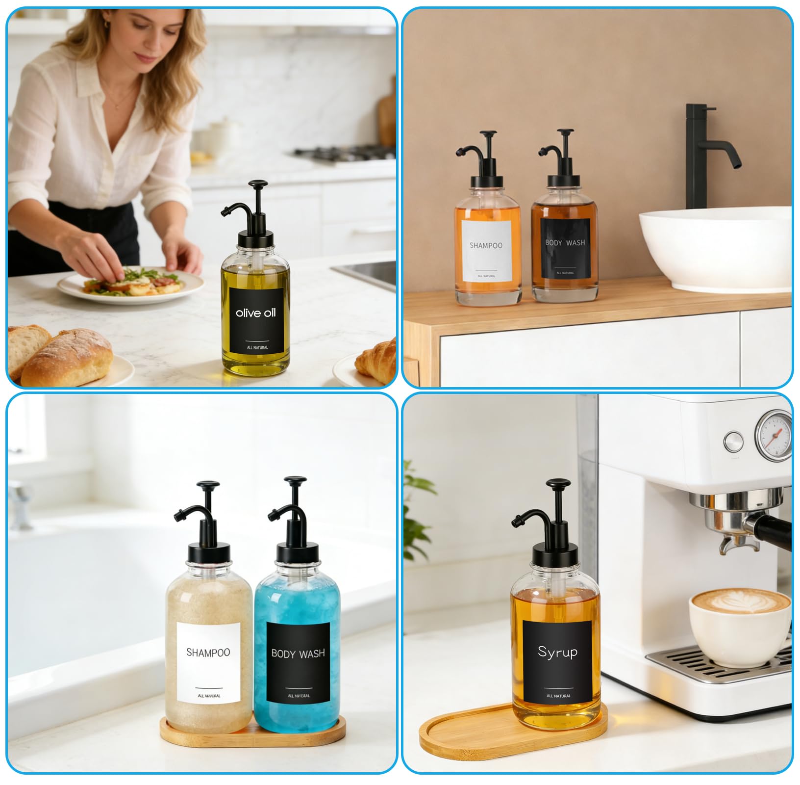 2 Pack Glass Soap Dispenser Set, 16.9oz/500ml Washing Up Liquid Dispenser with Bamboo Tray - Image 7