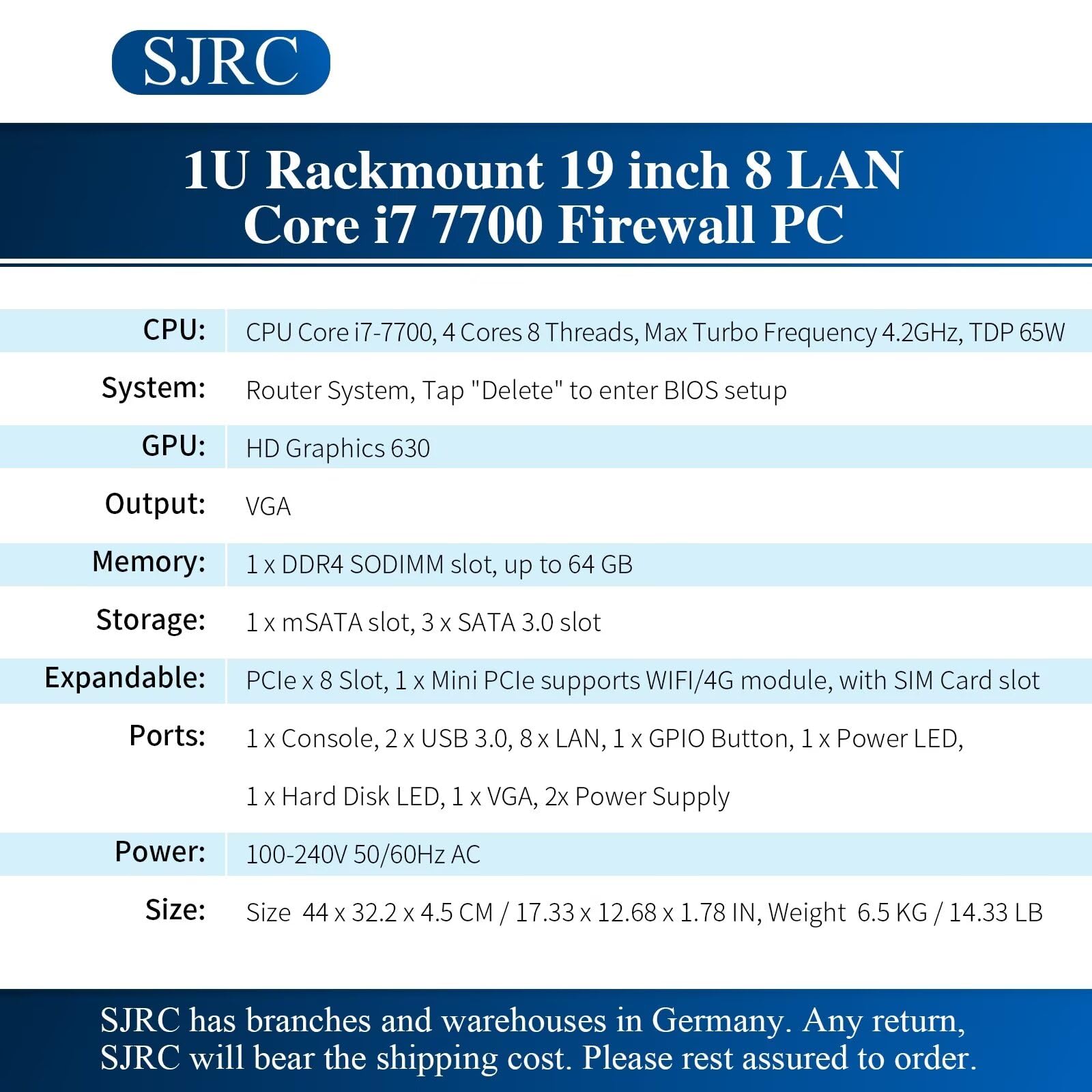 SJRC Pare-feu 19" Core i7 7700, LGA 1151, routeur PC 1U pour serveur VPN, rack 19" OPNsense Appliance avec 8 x i226V 2.5GbE LAN, DDR4 16 Go de RAM 256 Go SSD, VGA