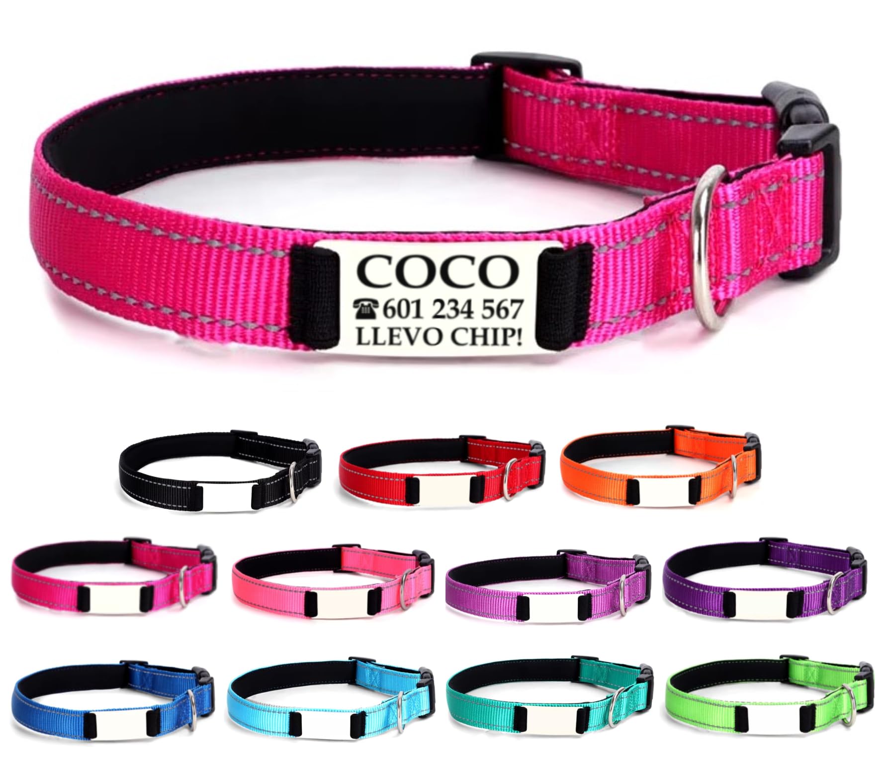Collar Perro Personalizado con Nombre para Cachorros o Mascotas Muy Pequeñas, Collar Gato Personalizado, Reflectante, Ajustable De 22 a 30 cm, Seguro y Cómodo (Fucsia, XS Muy pequeño)